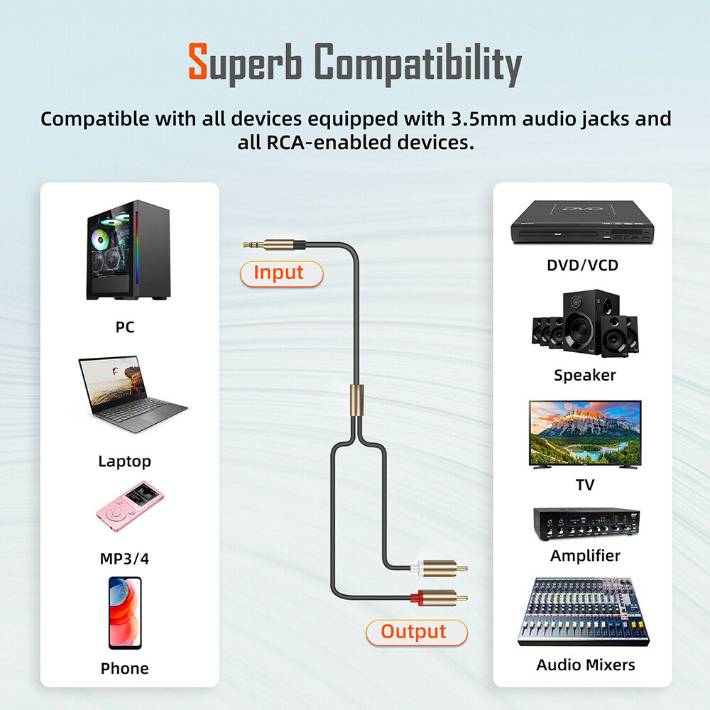 3.5mm Male to 2 RCA Y Male Audio Stereo Cable Cord AUX Auxiliary Wire Plug US