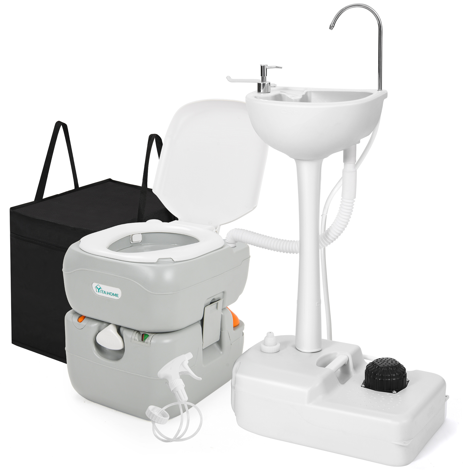 5.8 GAL Portable Toilet  & 17L Portable Sink w/ Hand Sprayer for Outdoor Camping