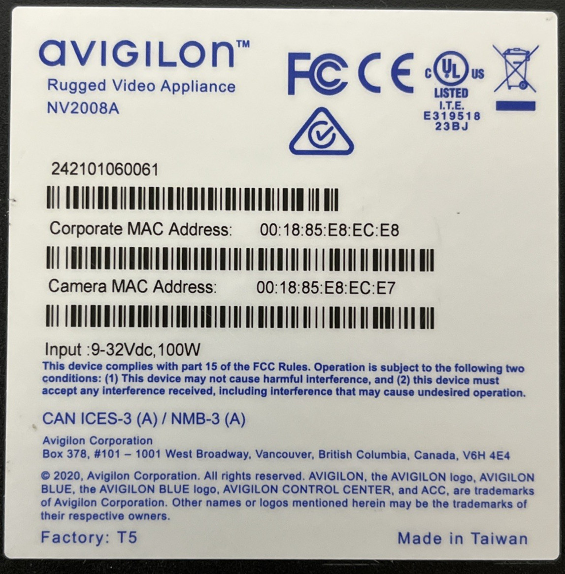 Avigilon Rugged Video Appliance, VMA-RPA-RGD-8P2, POE ES Rugged Appliance 2TB