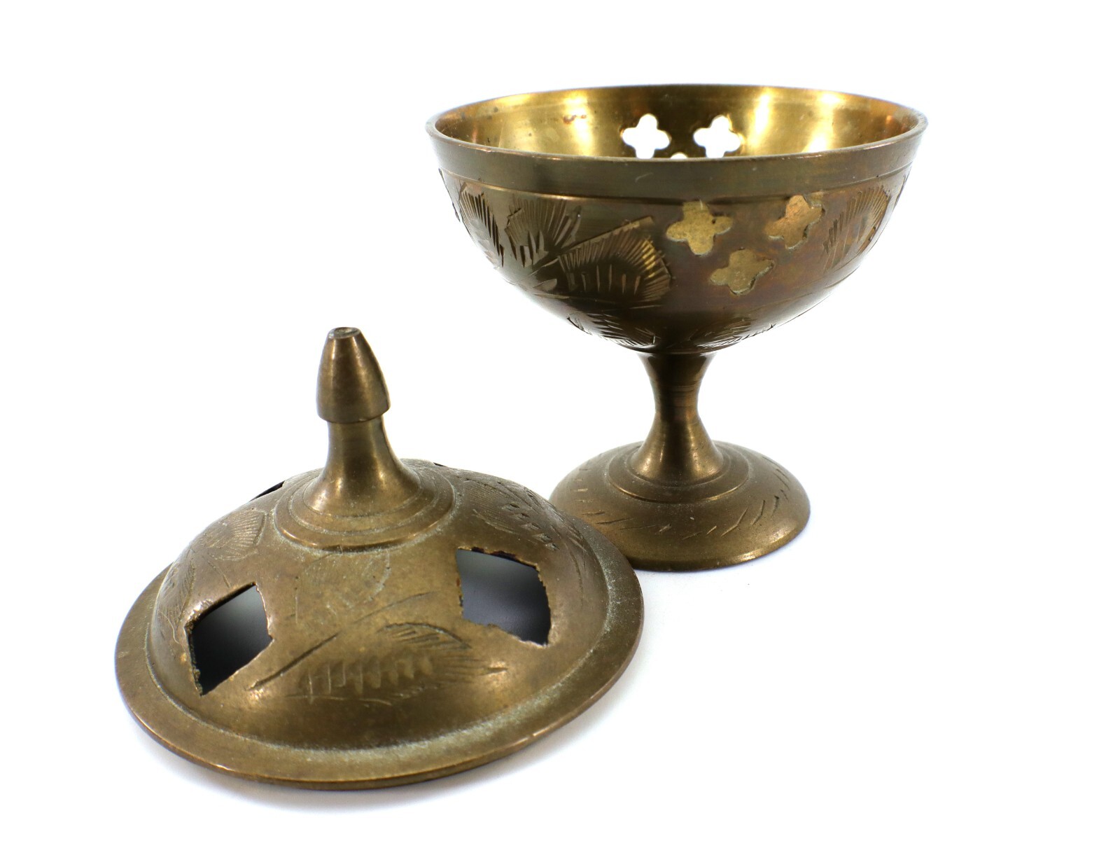 Brass INCENSE BURNER 2-Piece Lid 3 ½” Tall Etched Leaf India