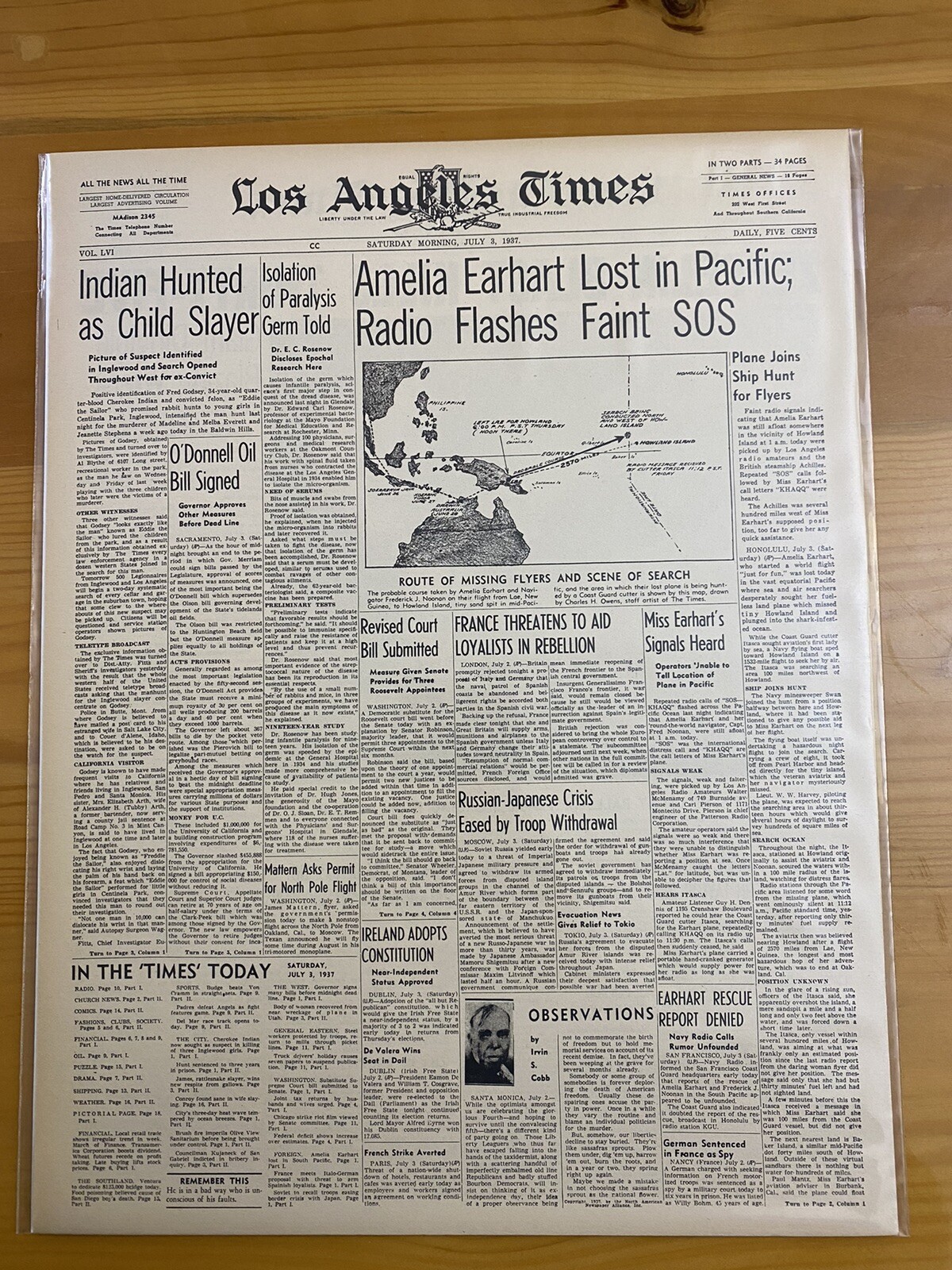 VINTAGE NEWSPAPER HEADLINE ~AMELIA EARHART AIRPLANE PLANE CRASH PACIFIC SOS 1937