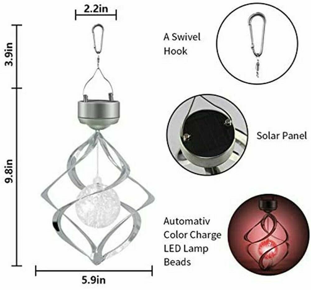 Solar Powered Wind Chimes LED Spiral Spinner Lamp Colour Changing Hanging Light