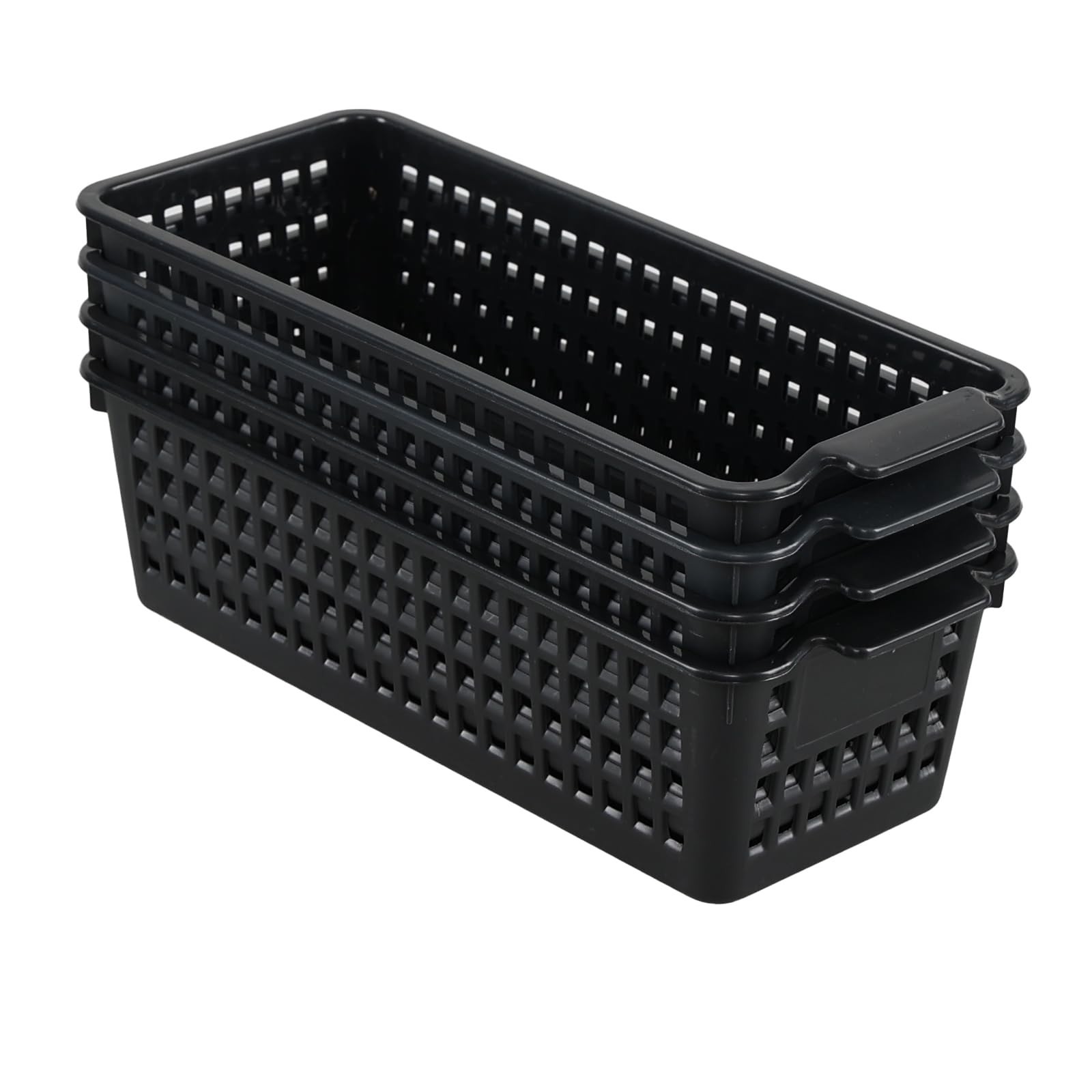 4 Pack Black Narrow Storage Baskets - Multi-Use Small Plastic Organizers