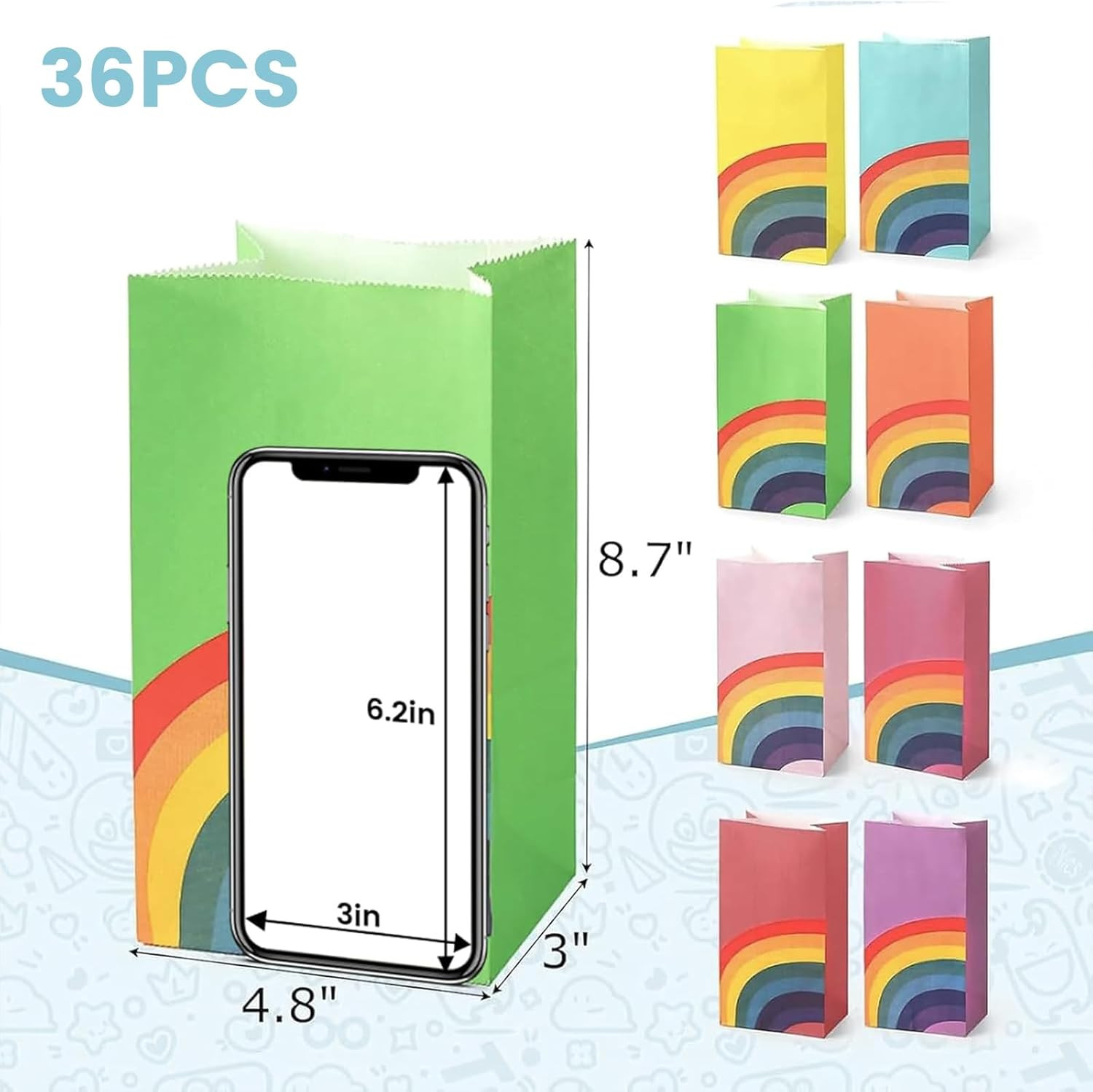 36 Pack Party Favor Bags, 4.8 X 3 X 8.7 Inch Rainbow Paper Bags 8 Colors, for Ki