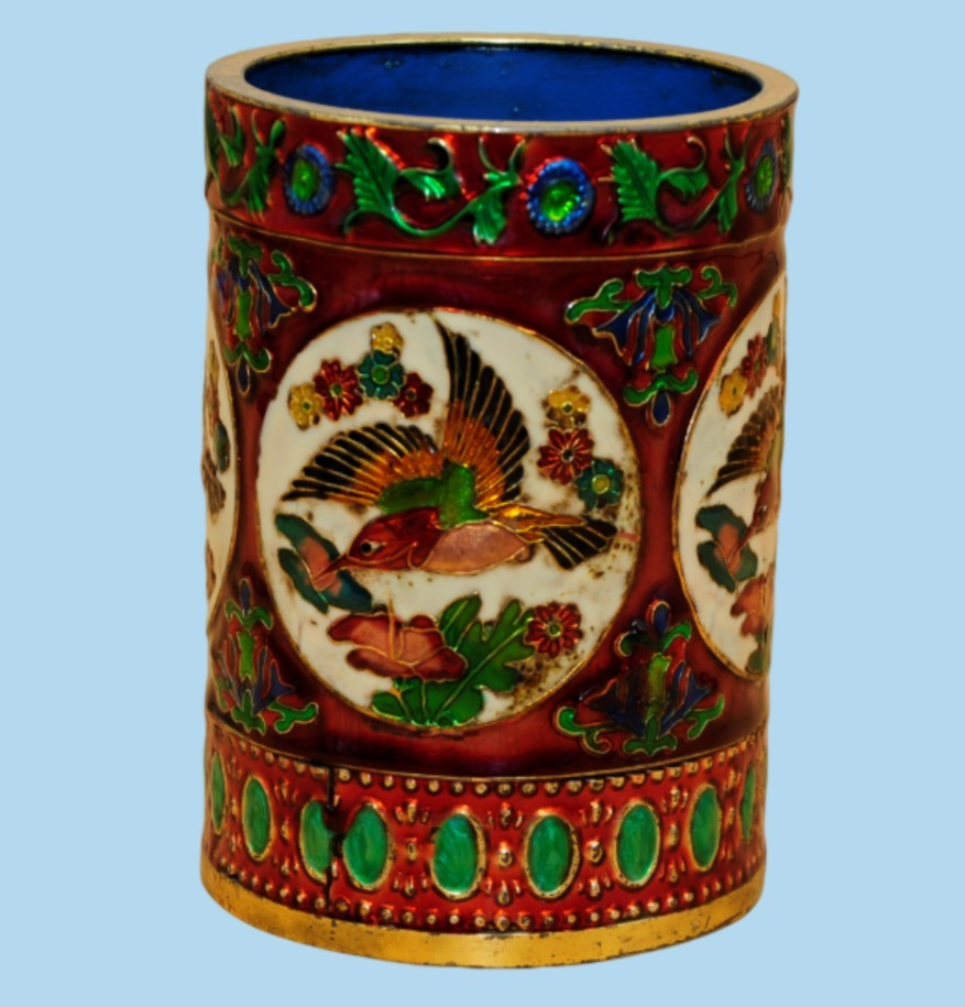 Vintage Chinese Gilt Bronze Cloisonné Brush Pot Handcrafted Floral Bird Artifact