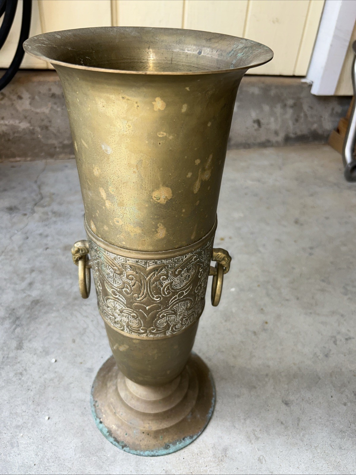 19.5” Vintage Brass Umbrella Cane Holder Gargoyle Head Handles Etched Elephants