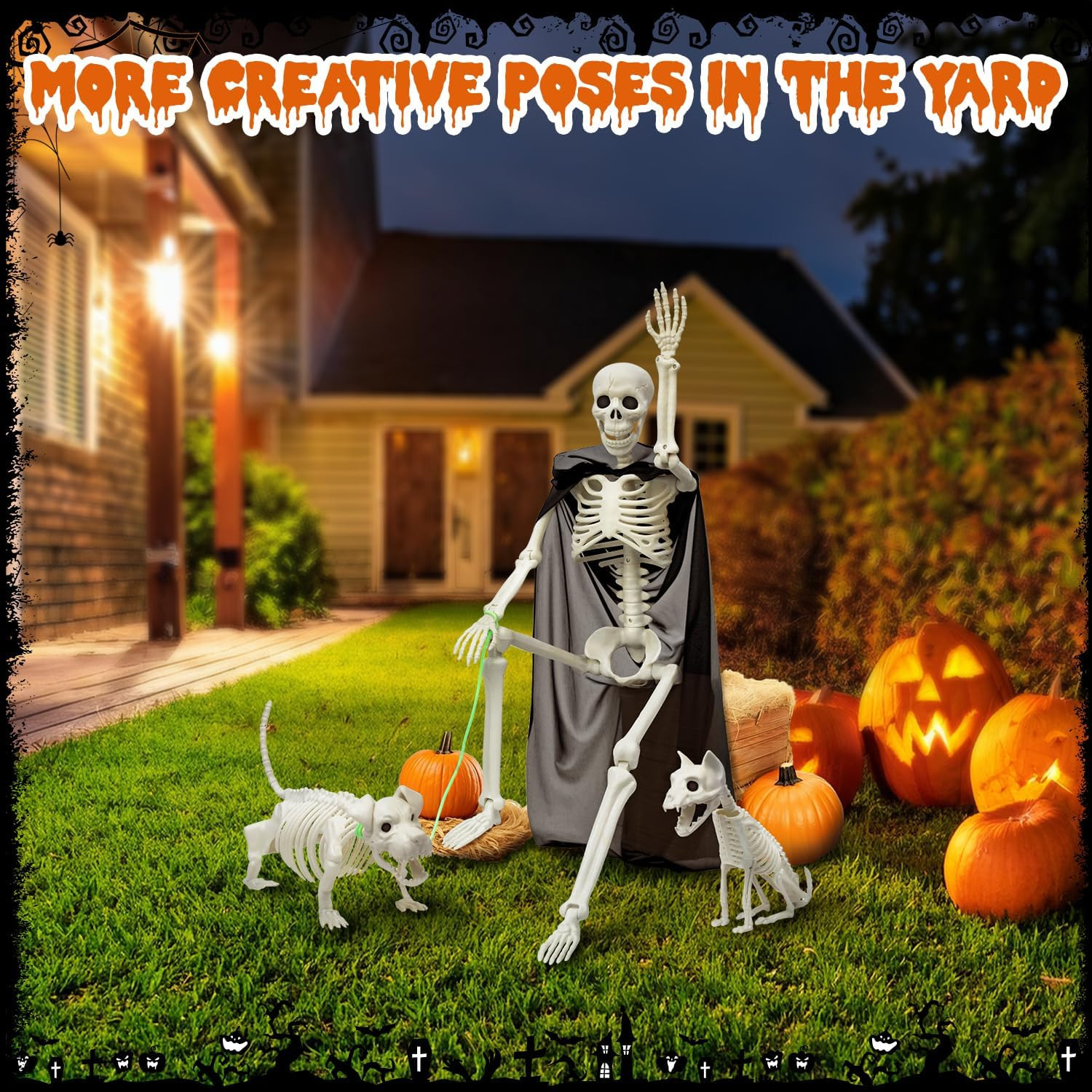 36" Skeleton Halloween Decorations, 3FT Posable Skeleton with Dog & Cat Skeleton