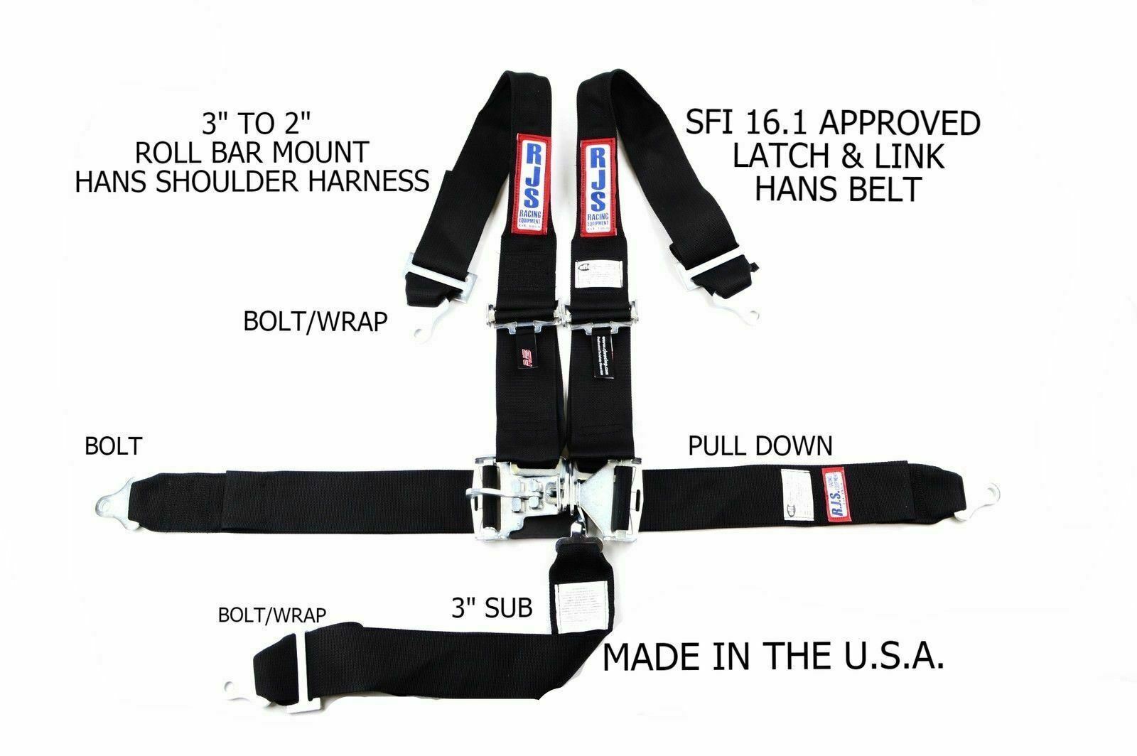 RJS RACING SFI 16.1 5PT HANS LATCH & LINK ROLL BAR MOUNT BELT BLACK 1143001