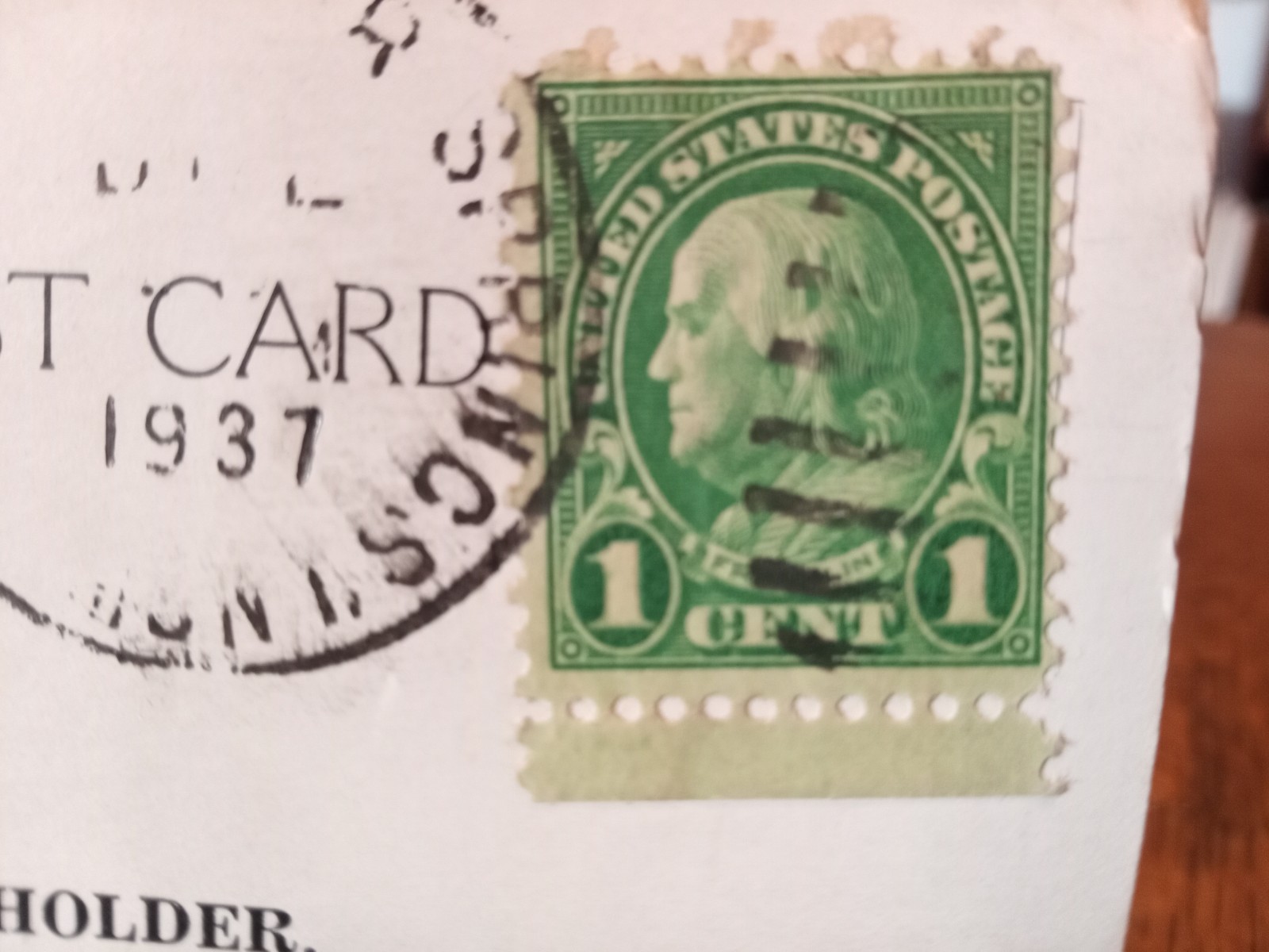 1937 US 1 Cent Green Franklin Stamp on Postcard with Shirley Temple Image