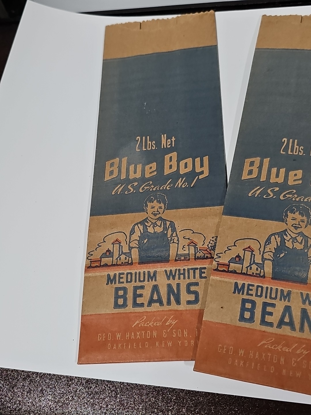 Lot of 2 1940s Blue Boy Medium White Bean Bags. Oakfield, NY Advertising