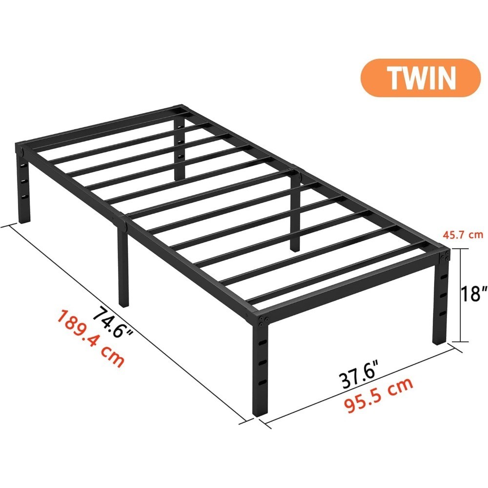 Twin Bed Frame 18 Inch Metal Platform No Box Spring Needed Heavy Duty Under Bed