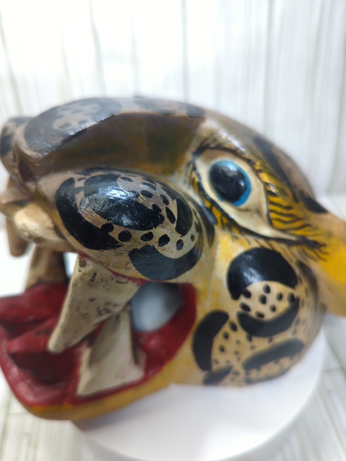 Mexican Nahua Folk Art Guerrero Carved Wood Cat Jaguar Animal Head