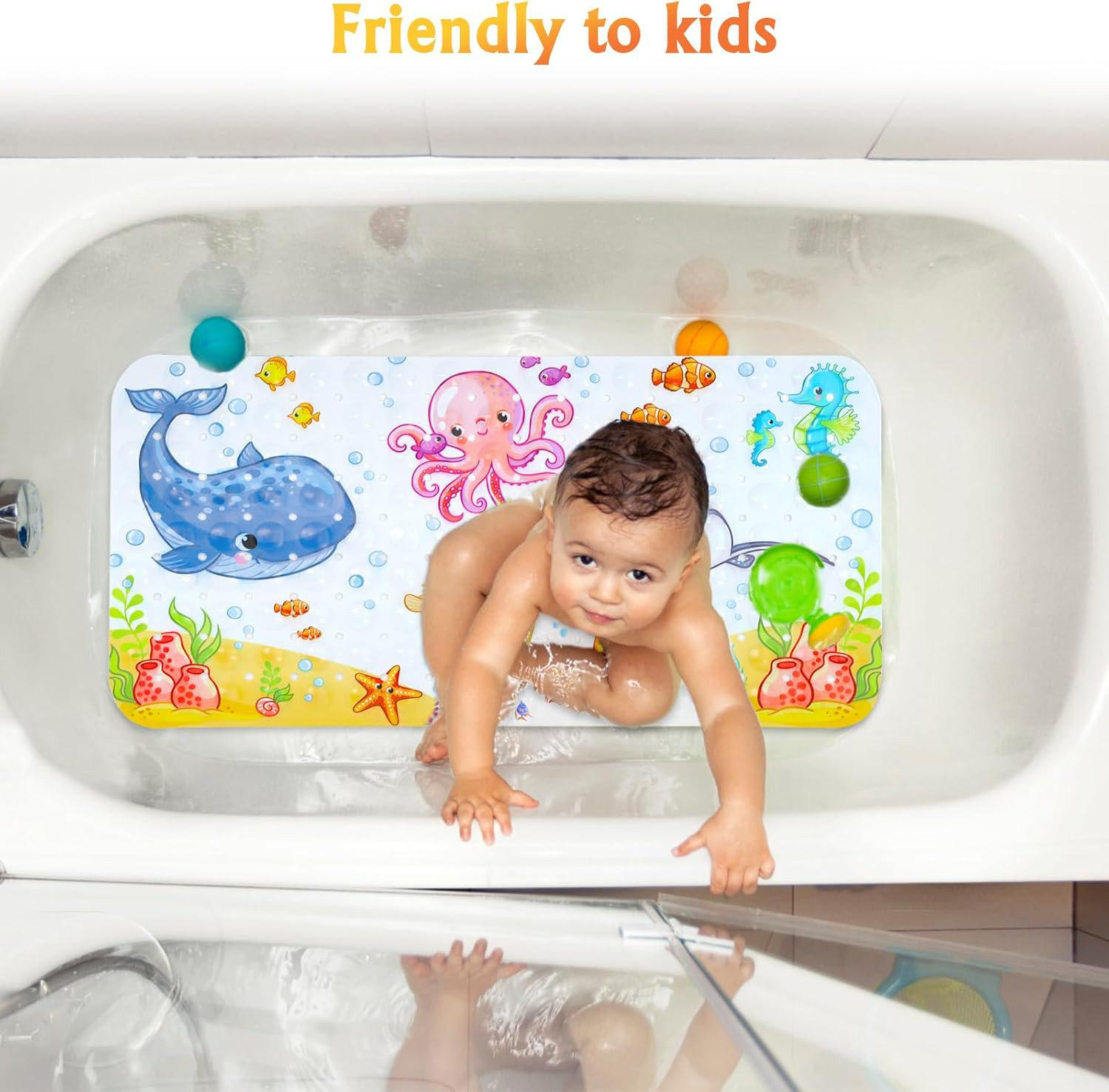 Kids Bath Mat for Tub Non Slip, 27.5In X 15In Large Cartoon anti Slip Toddler Ba