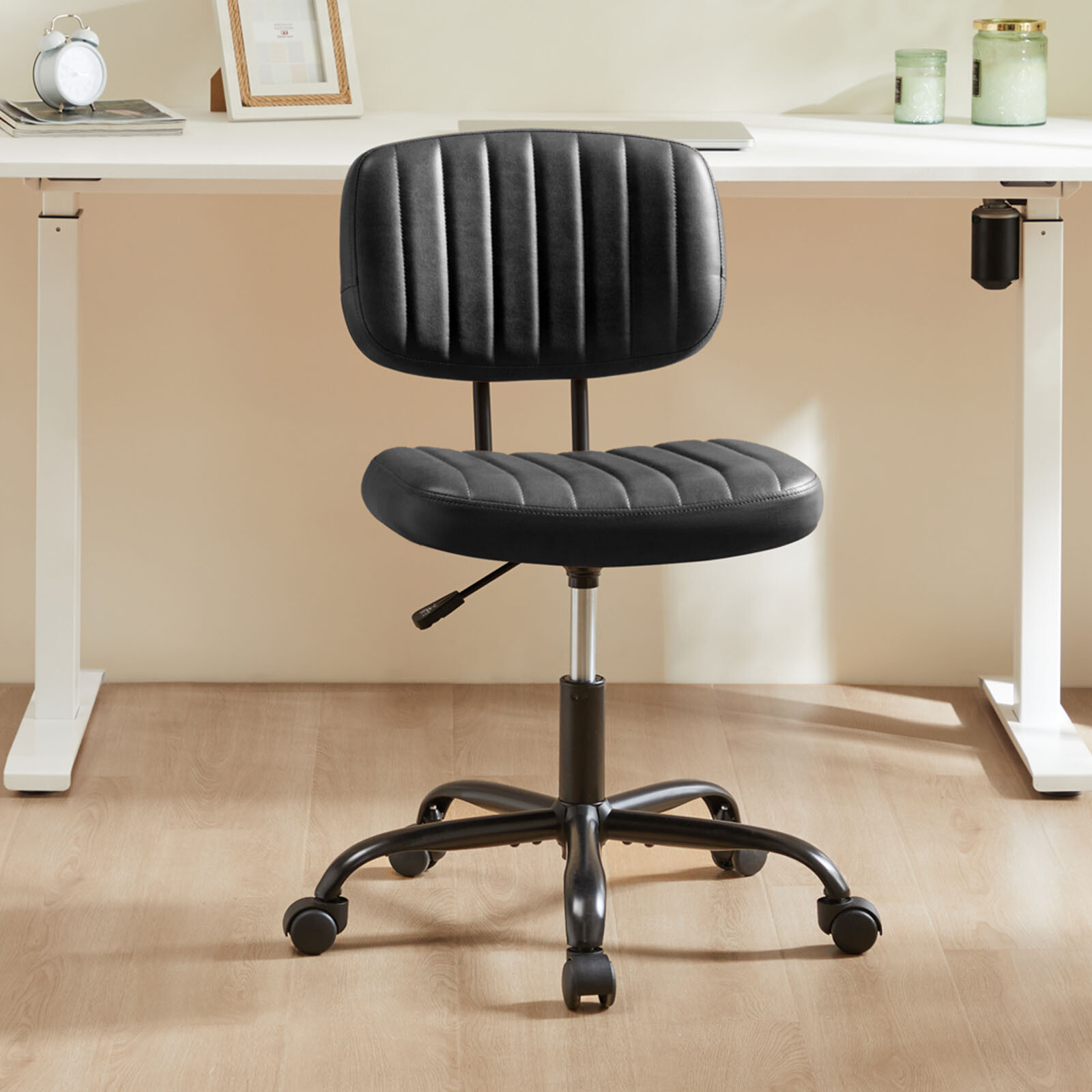 Armless Office Desk Chair with PU Leather Swivel Chair Small Chair with Wheels