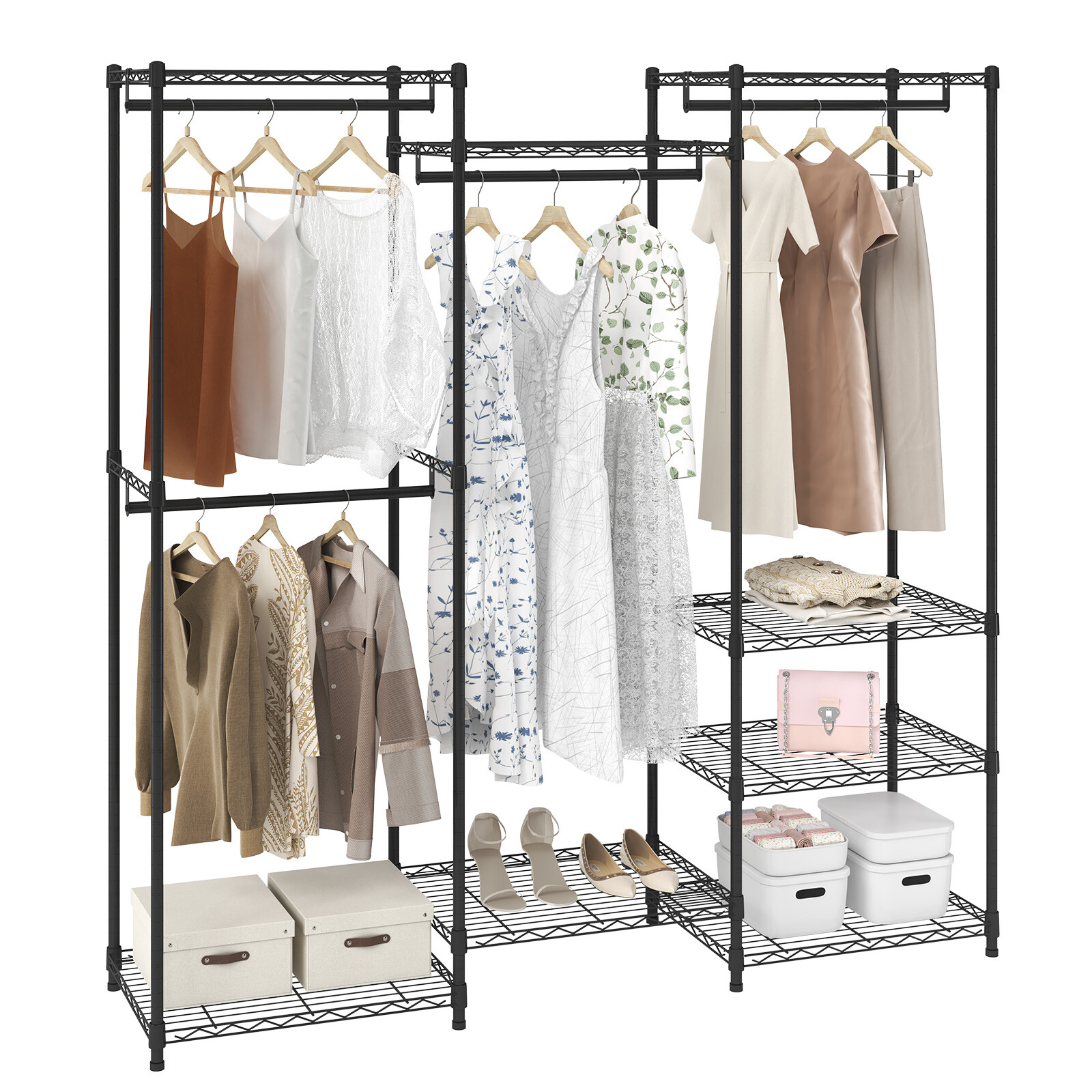 VEVOR Clothes Rack Rolling Clothing Garment Rack 4 Hang Rods & 8 Storage Tiers