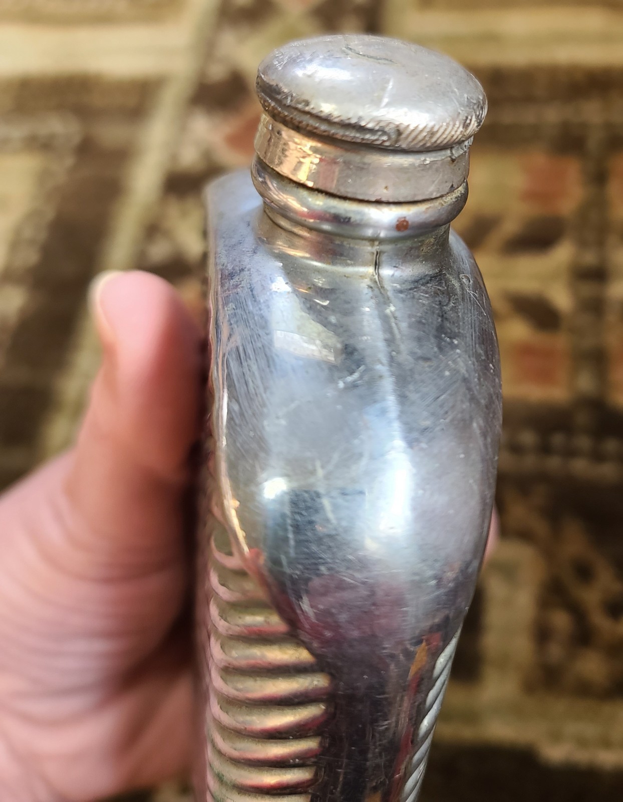 Antique Silver & Copper Plated Glass Ribbed Hip Flask 5-3/8" Tall Vintage