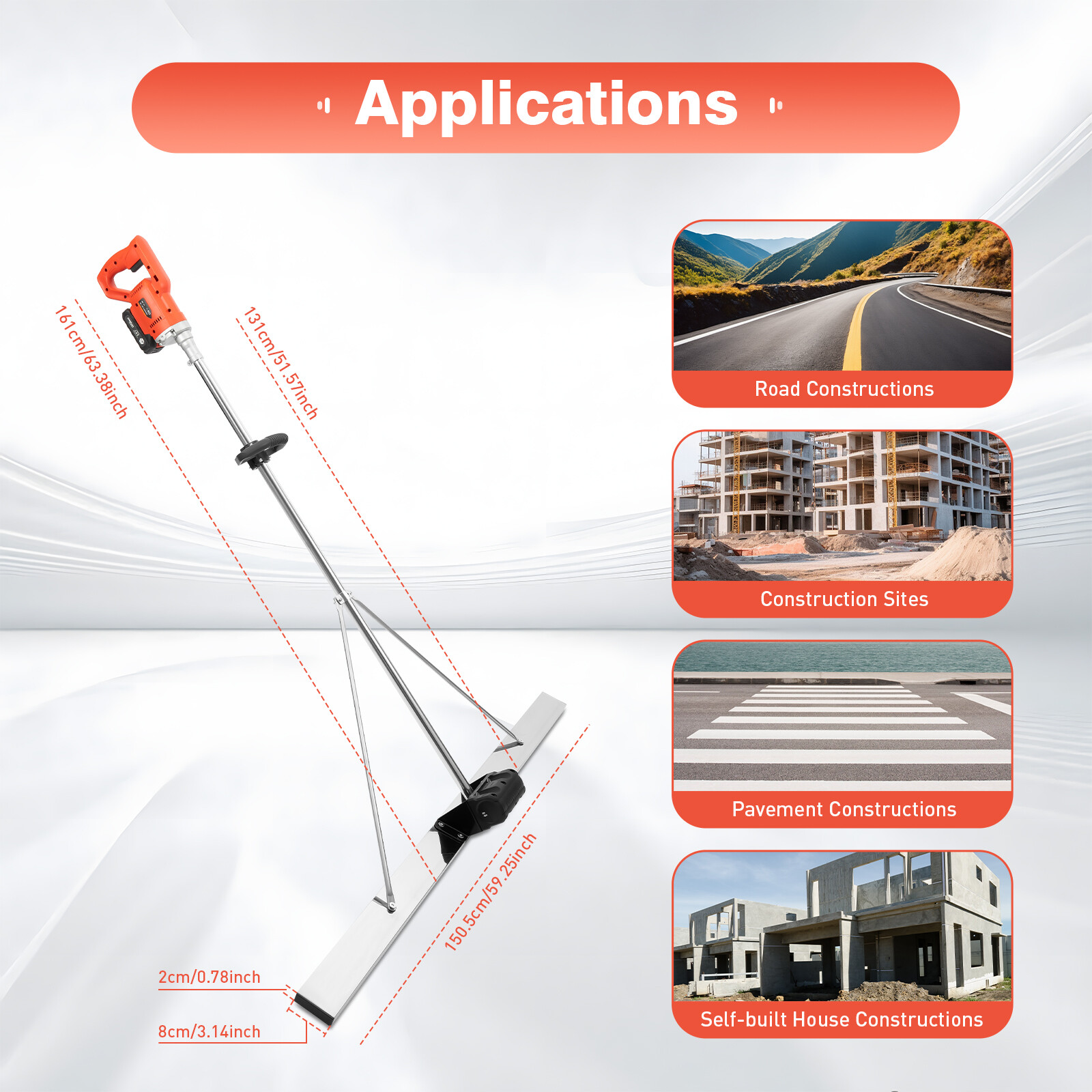 21V Cordless Concrete Vibrators Surface Power Trowel w/ 59" Screed Blade Rulder