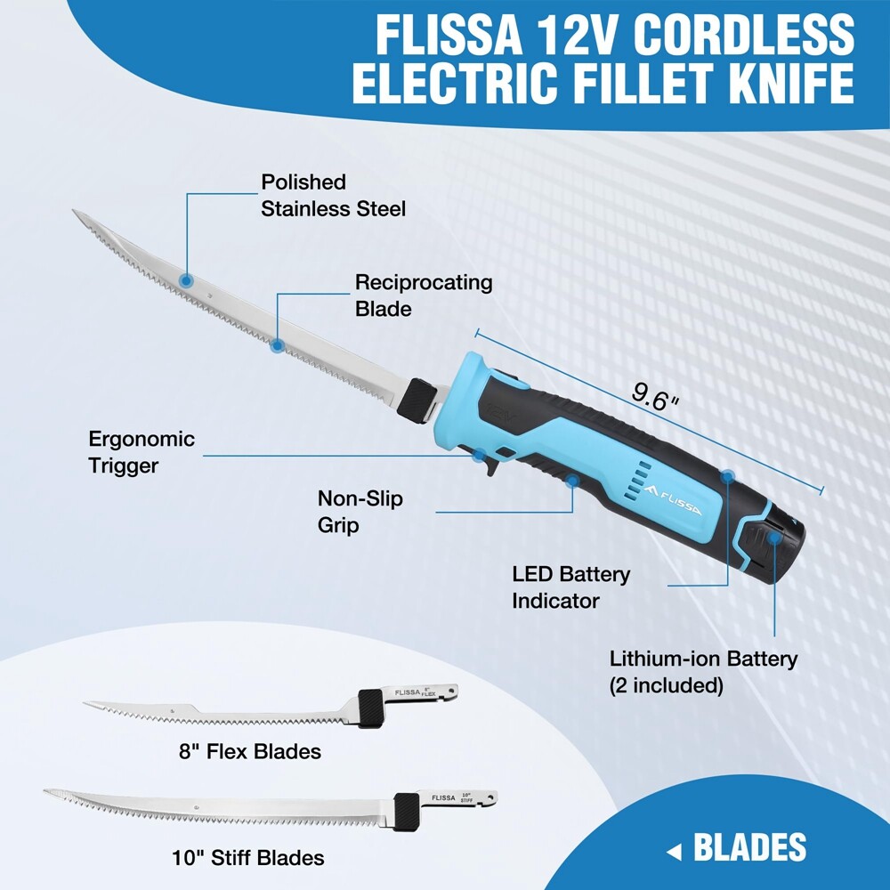 Cordless Electric Fillet Knife 8" 10" Stainless Steel Blade 2PC Batteries w/Case