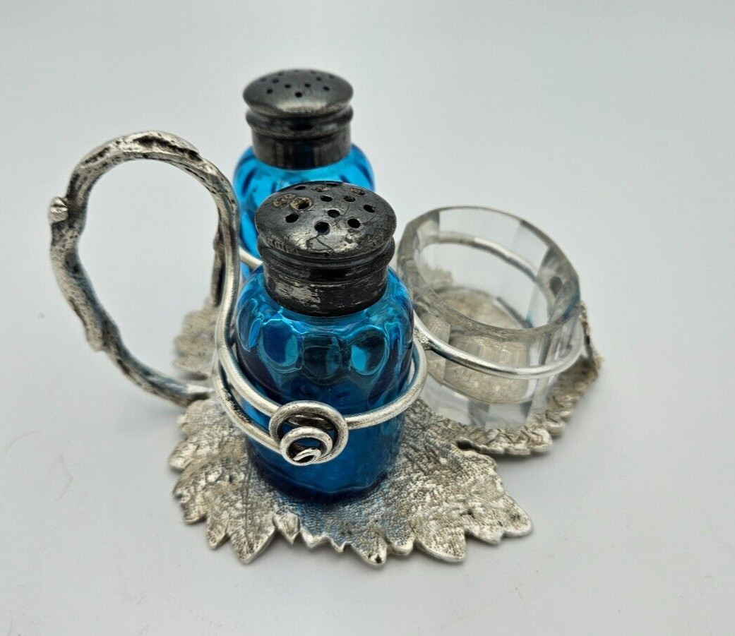 Antique sterling silver Hand-Made Stand w/Salt & Pepper Shakers & Salt Cellar