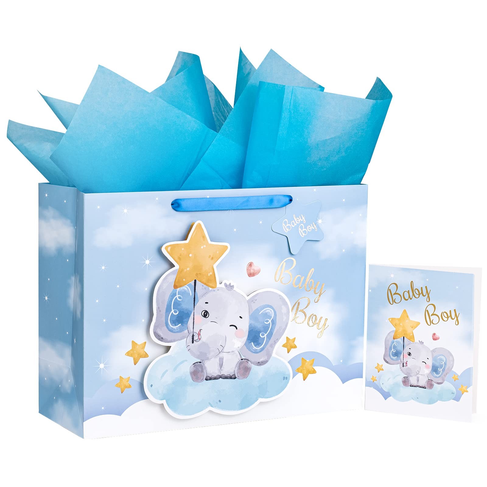 16" Extra Large Baby Boy Gift Bag with Card and Tissue Paper - For Baby Shower