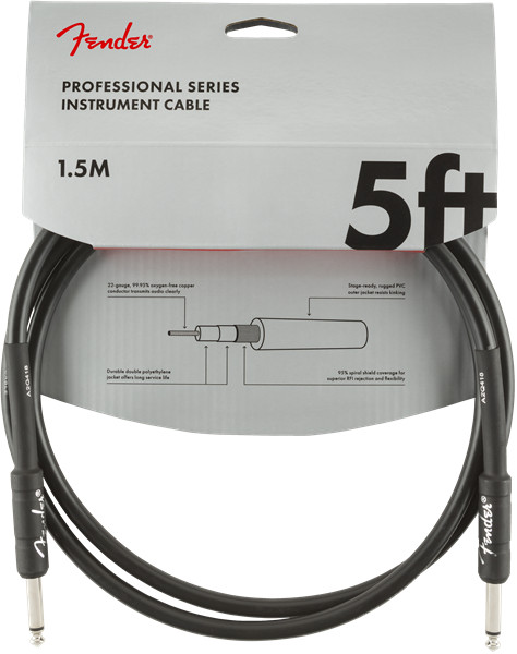 Fender Professional Series Black Guitar/Instrument Cable, Straight, 5' ft