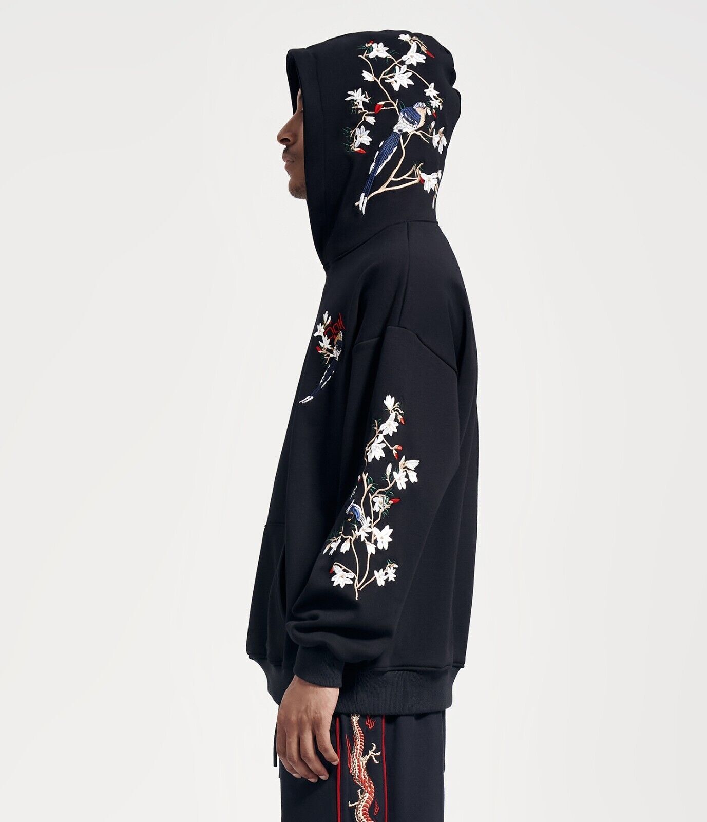 Niepce Birds and Flowers Embroidered Black Hoodie Japanese Streetwear Sweatshirt
