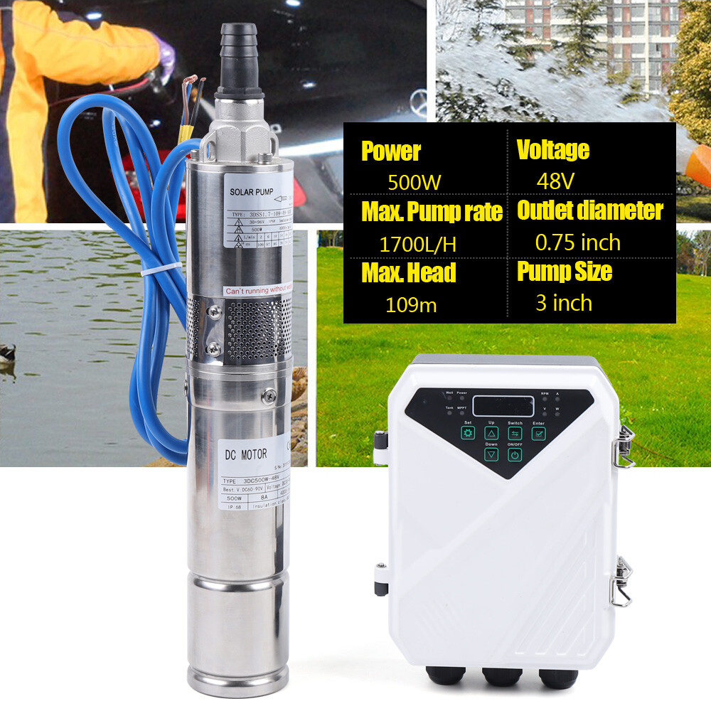 3" Solar Water Pump 48V 500W Submersible Bore Deep Well Pump MPPT Controller Kit