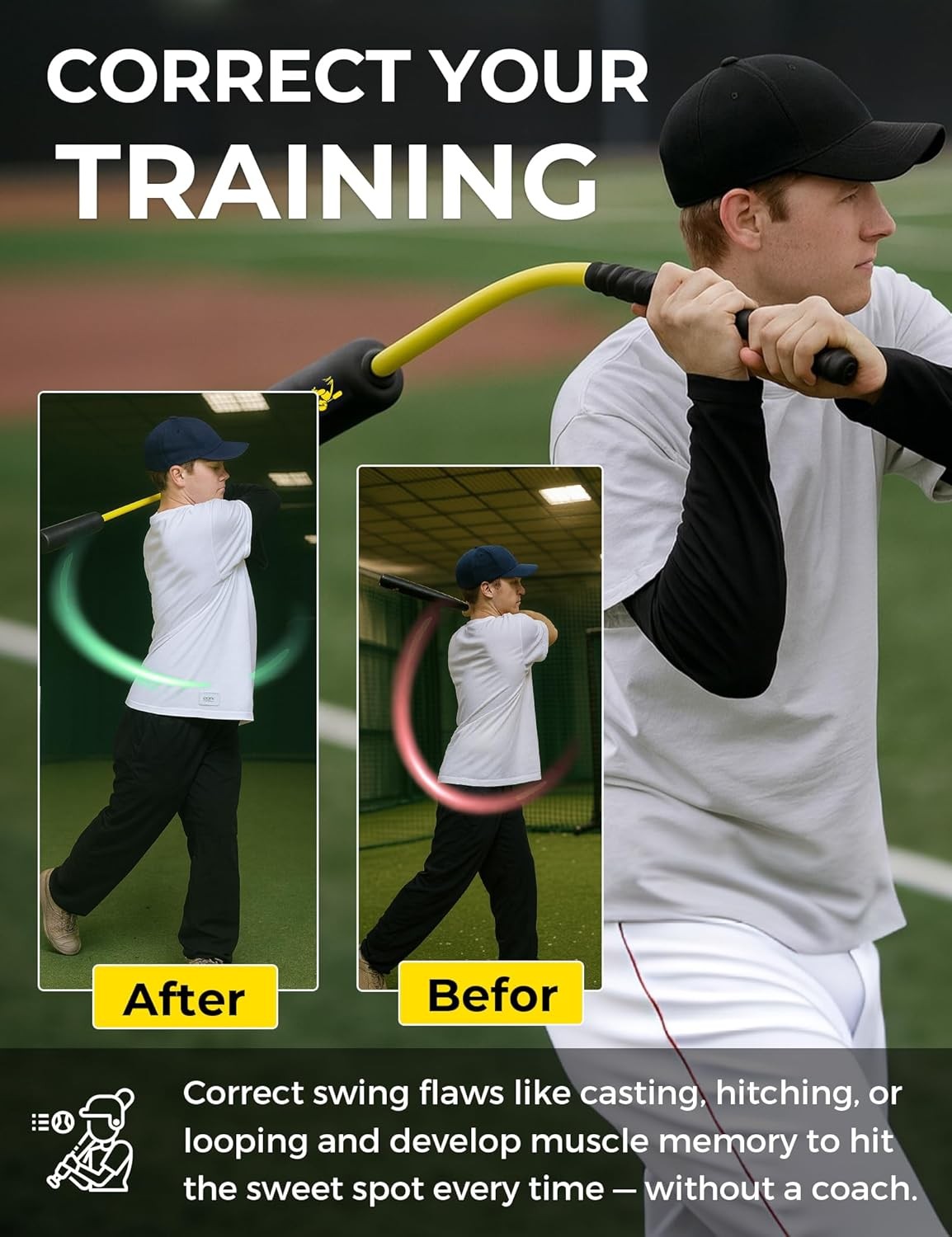 Baseball Softball Rope Swing Trainer - High-Density Foam Bat for Real Swing Feel