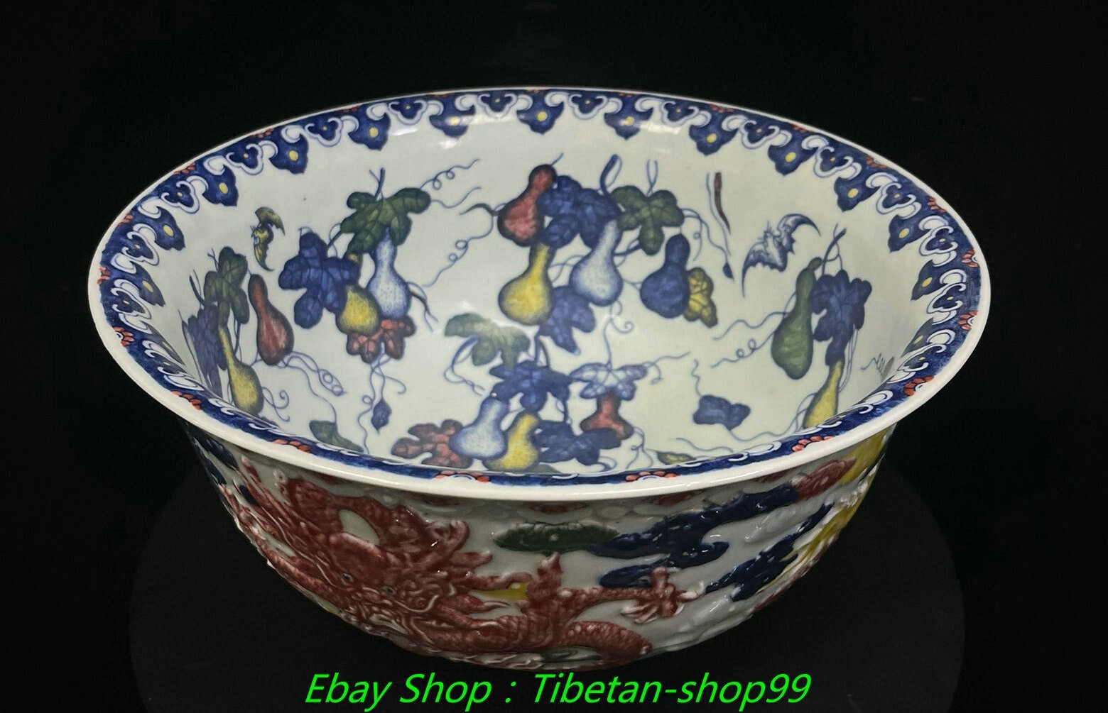 12.4"Qing Qianlong Marked Wucai Porcelain Dragon Loong Beast Pattern Bowl