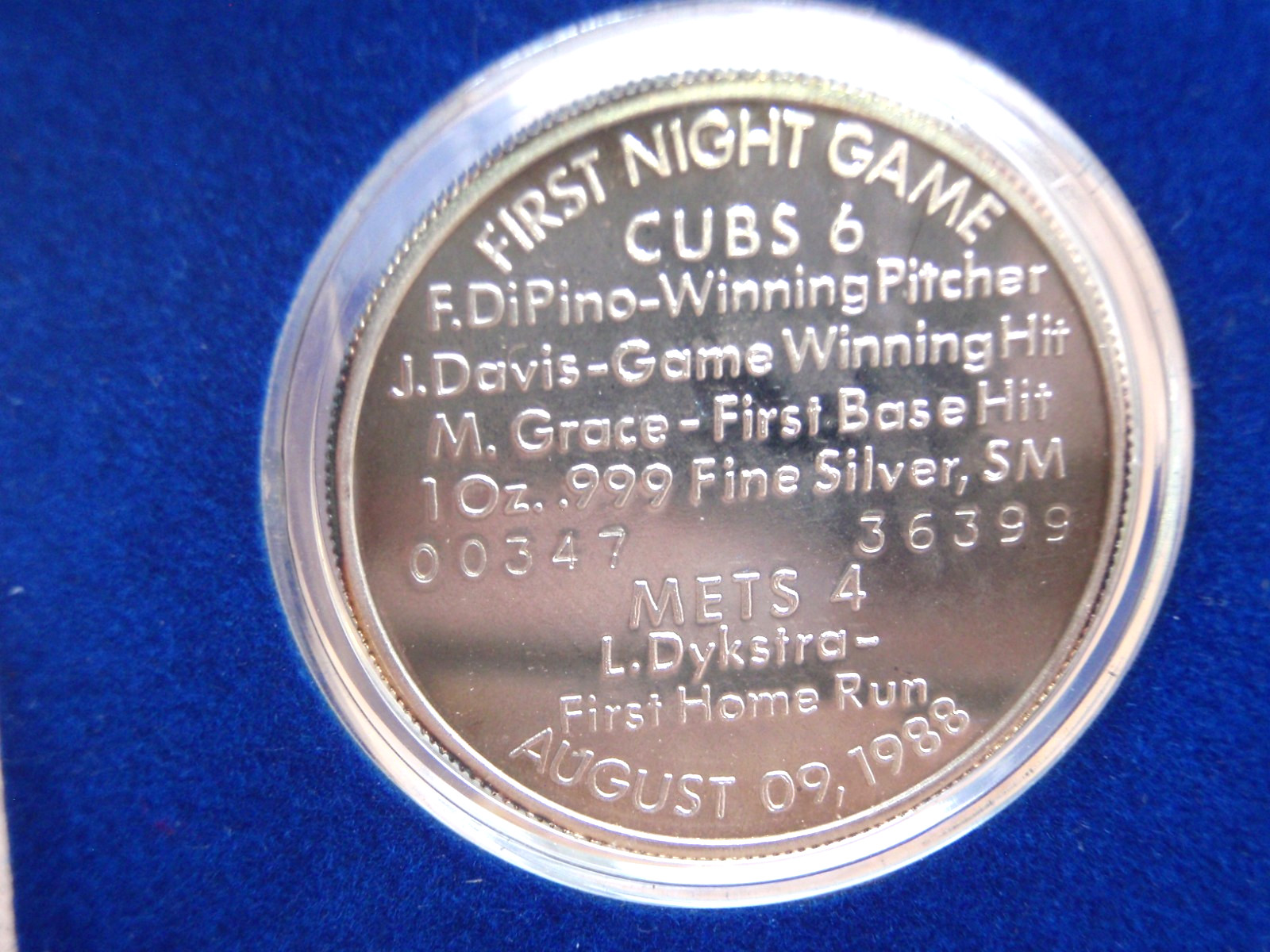 VTG:1st NIGHT GAME@ WRIGLEY FIELD CHICAGO CUBS 1 oz .999 SILVER COIN-AUG 9, 1988
