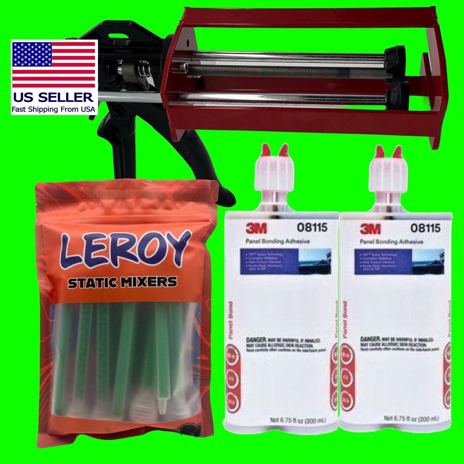 3M- 2 TUBES 08115 PANEL BONDING ADHESIVE  + APPLICATOR GUN + 25 MIXING NOZZLES!