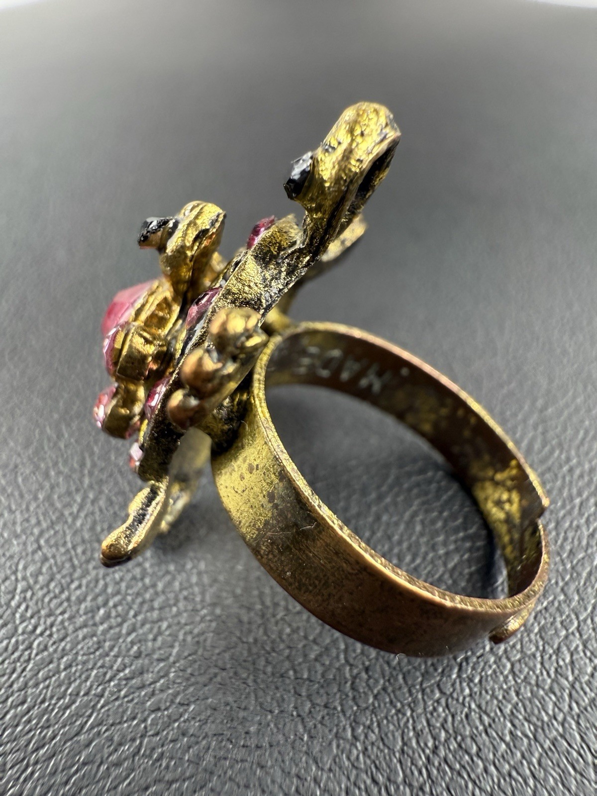 Gold Tone Pink Rhinestone Double Turtle Ring Size 5-7 Jewelry