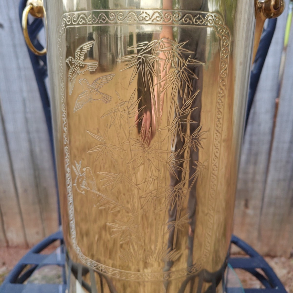 Vintage Brass Umbrella Cane Holder Stand 18" with Decorative Handles Asian Motif