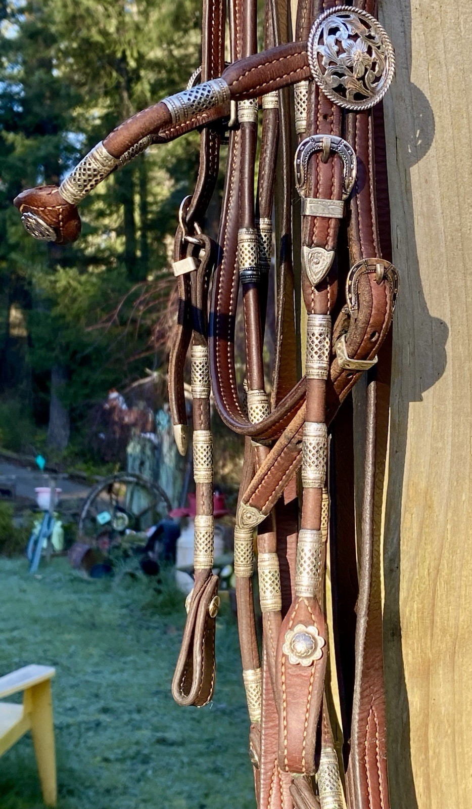 Vntg Poco Western Bridle + Romel Reins Silver Ferrule Fleming Filigree Sterling