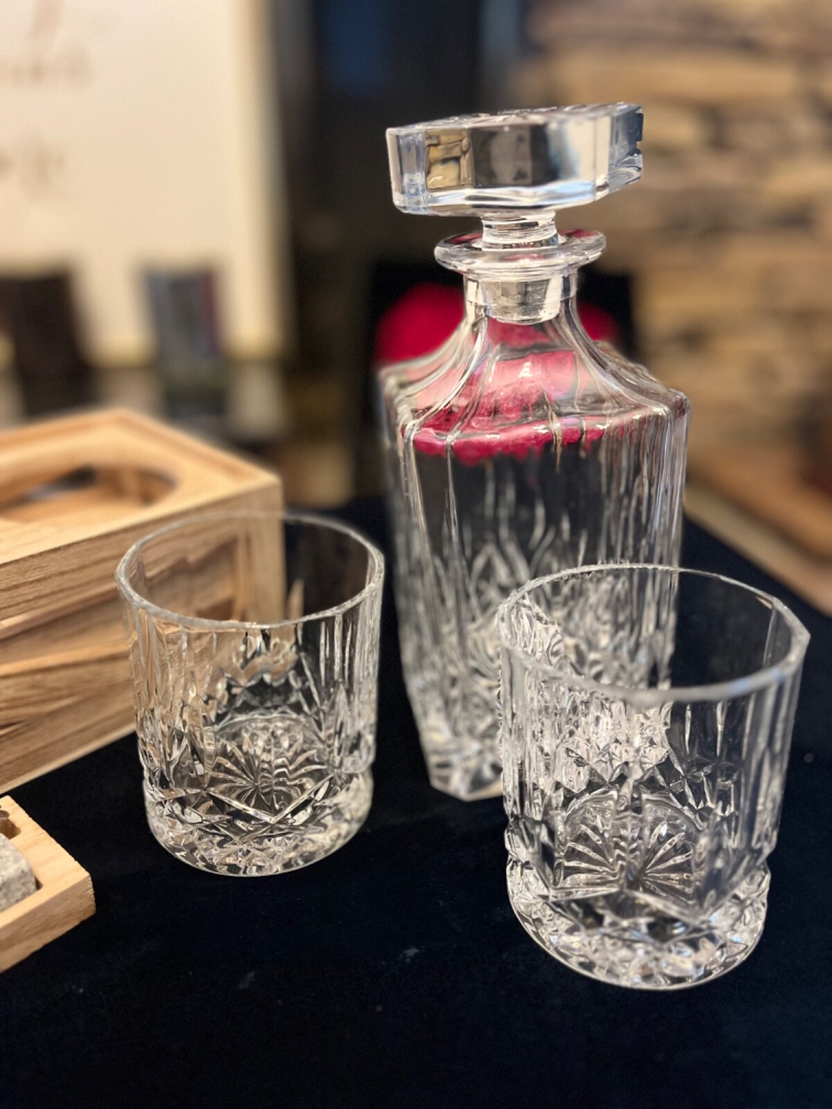 Whiskey Gift Set: Decanter, Wood Stand, Granite Chilling Stones & Two Glasses