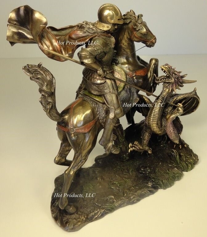 LARGE St George THE DRAGON SLAYER Sculpture Statue Bronze Finish