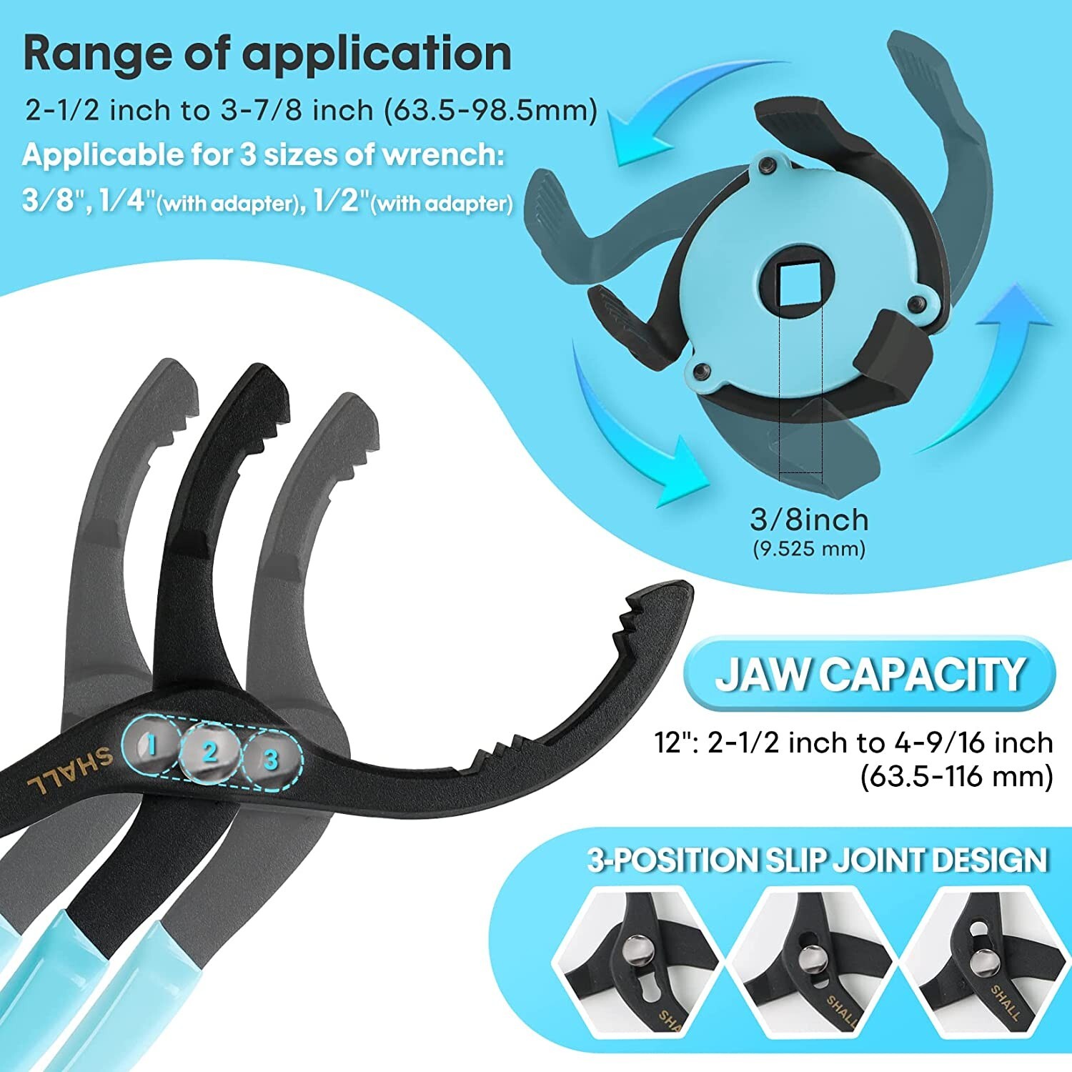 SHALL 4PCS Oil Filter Removal Set,12 In Oil Filter Plier,3-Jaw Oil Filter Wrench