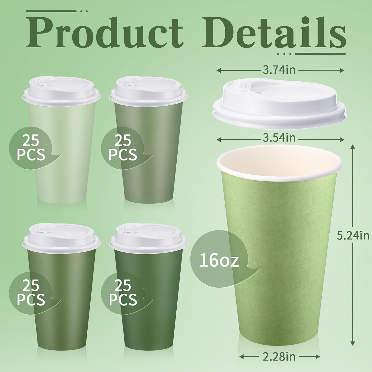 100 Count Paper Coffee Cups with Lids - Sage Green for All Occasions