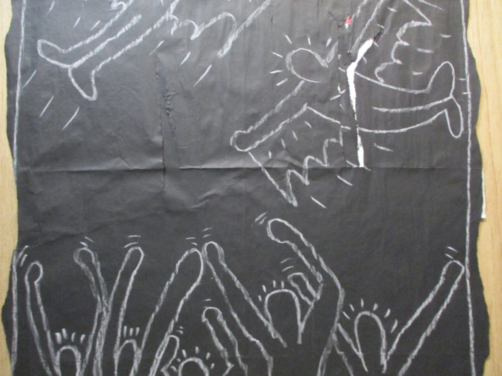 SUBWAY DRAWING chalk on black paper flying batguys NYC 85 graffiti KEITH HARING