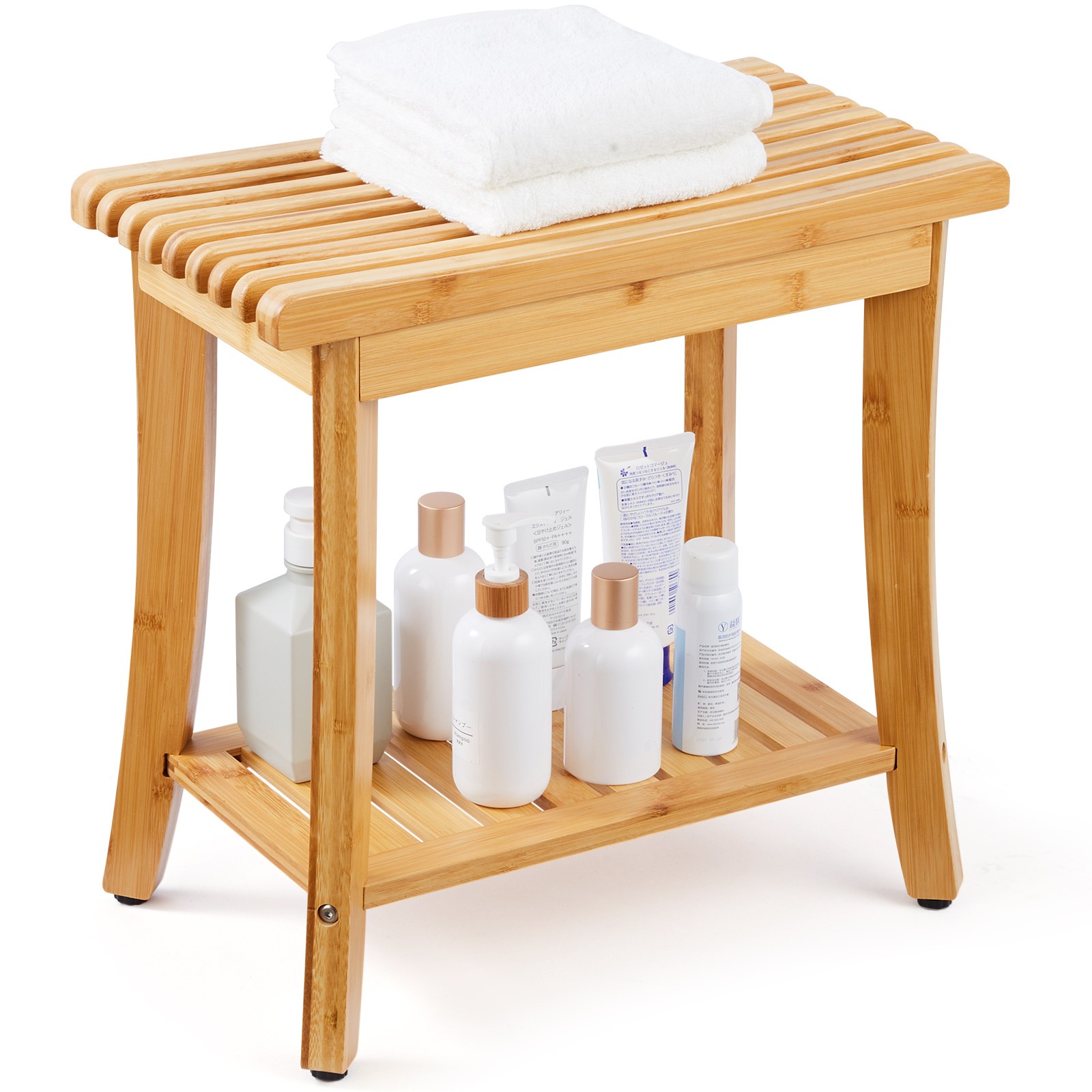 Bamboo Shower Bench Inside Shower Stool Chair with Storage Shelf for Bathroom