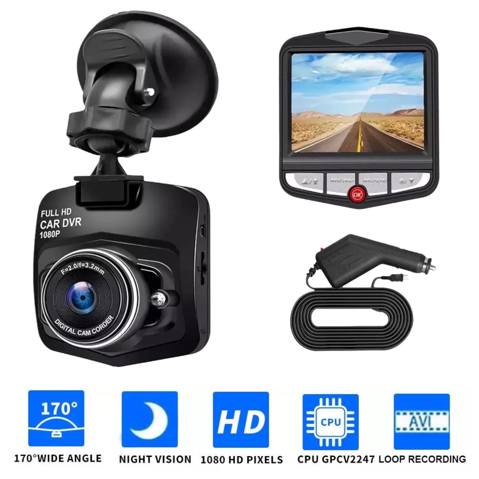 HD 1080P Dash Cam With Night Vision • 2.4” LCD Display • Automotive Car DVR