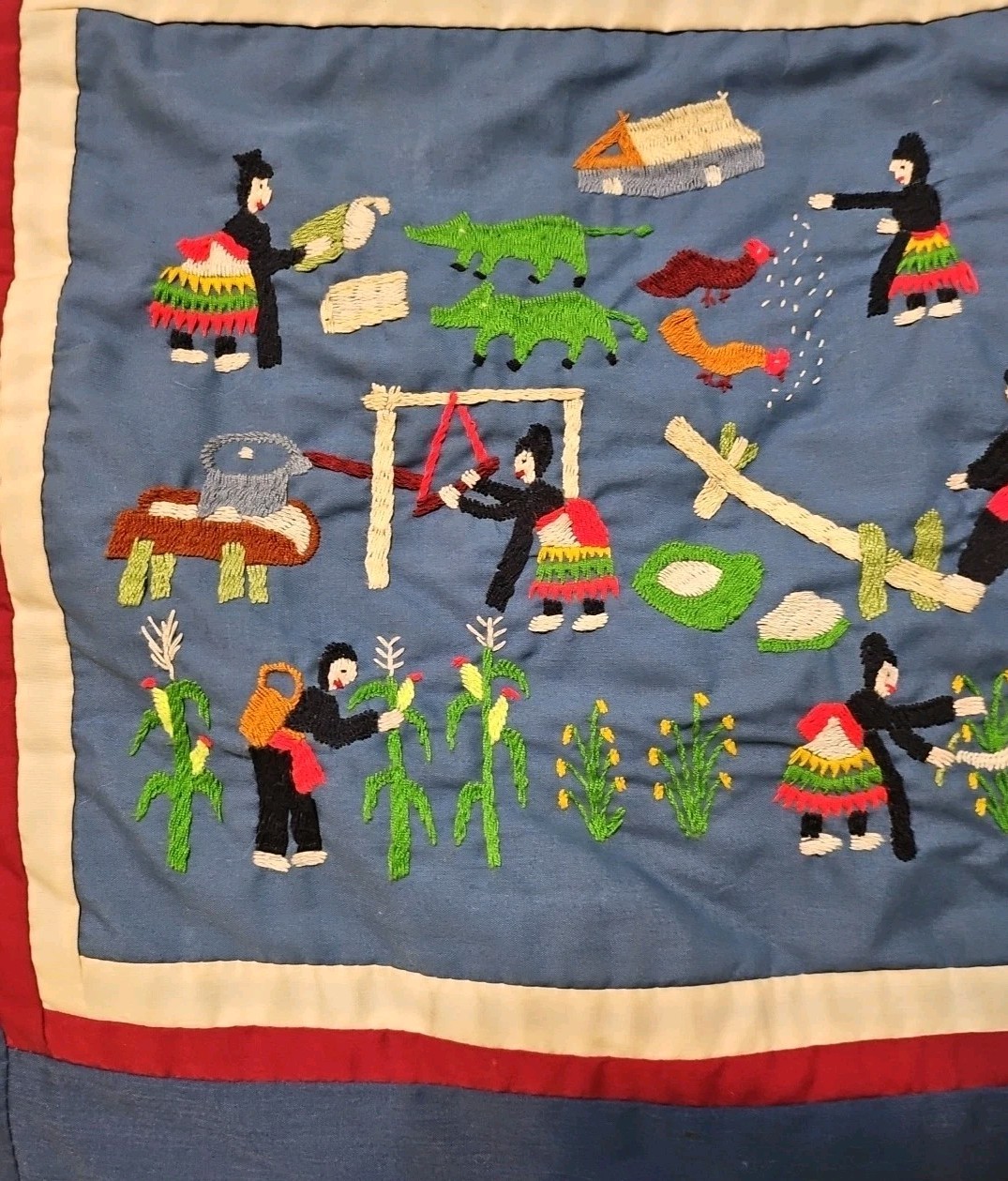 Hmong Story Cloth Embroidered Textile Animals Folk Art Handmade Pillowcase 16x15