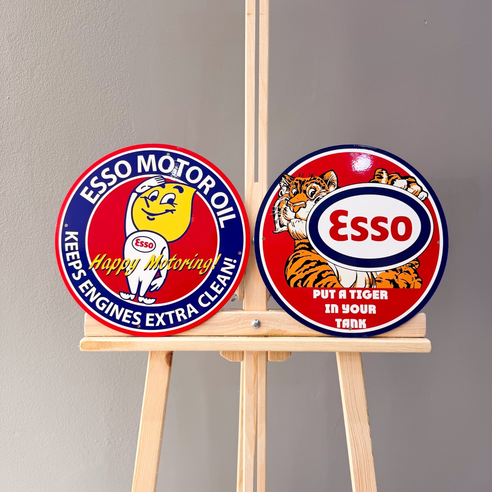 Esso Vintage Metal Sign Set of 2 Tiger & Man Happy Motoring – 30 cm / 11.8”