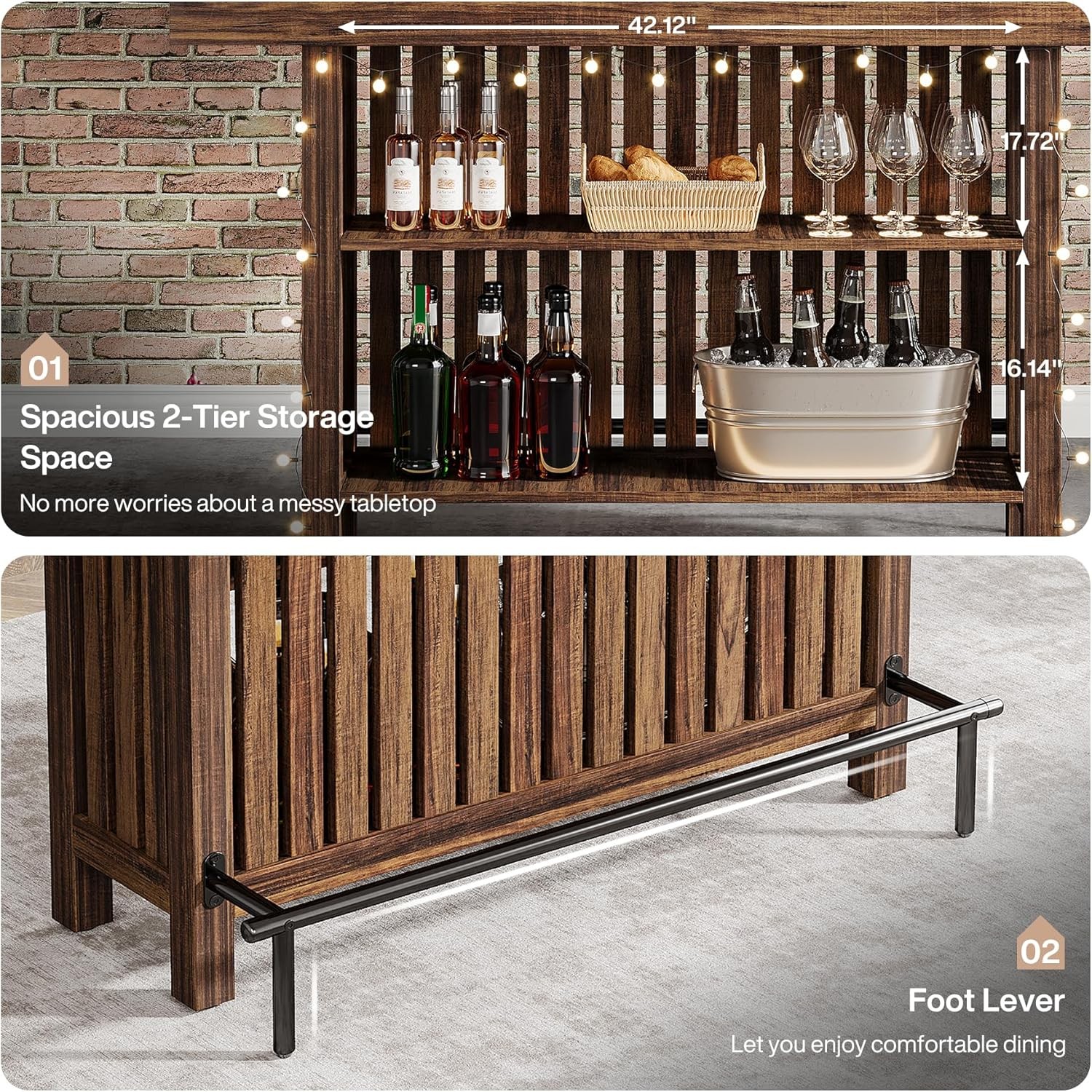 Large 2-Tier Bar Table, 63-Inch Mini Pub Table with Footrest for Kitchen, Bistro