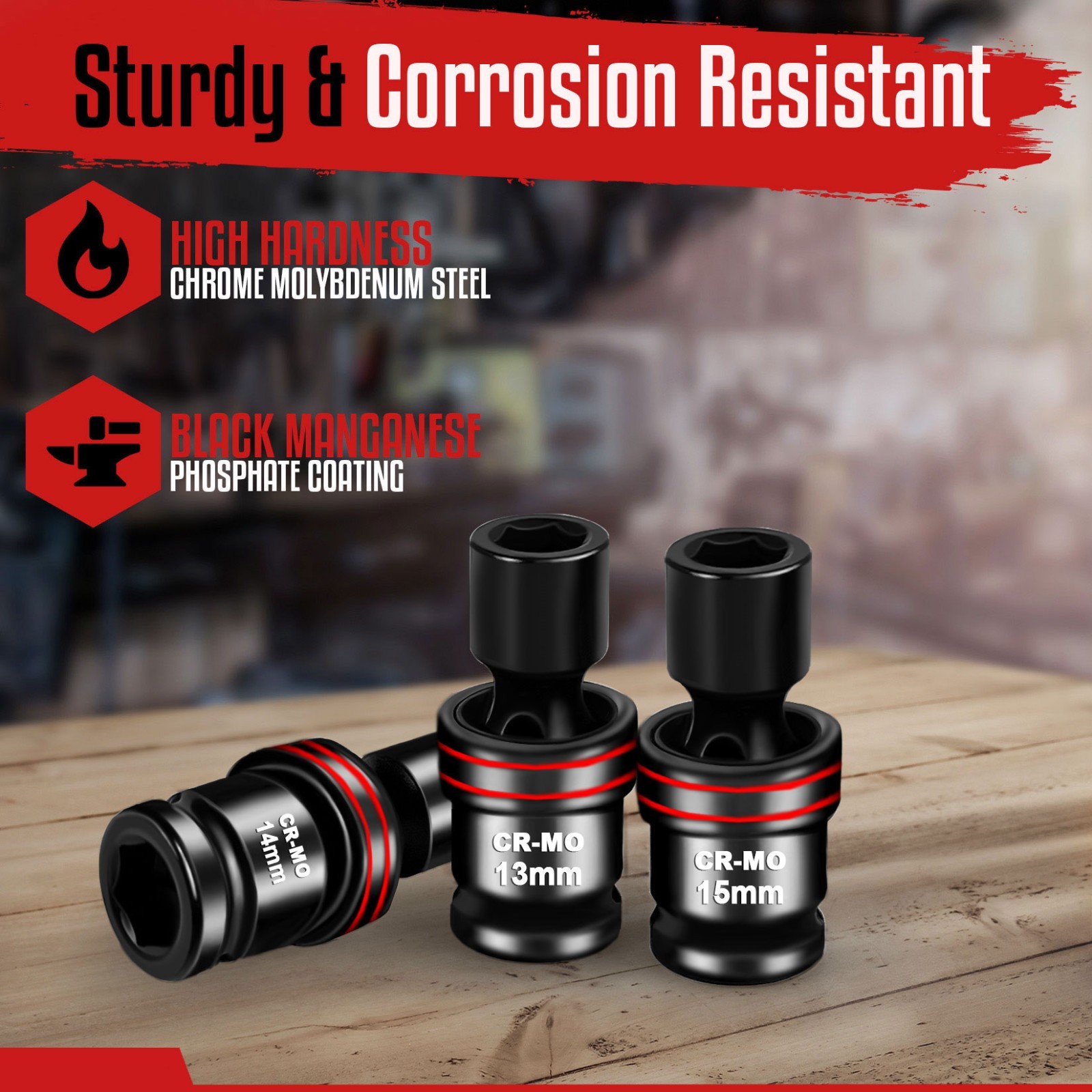 18-Piece 1/2" Drive Shallow Impact Universal Joint Metric Swivel Socket Set