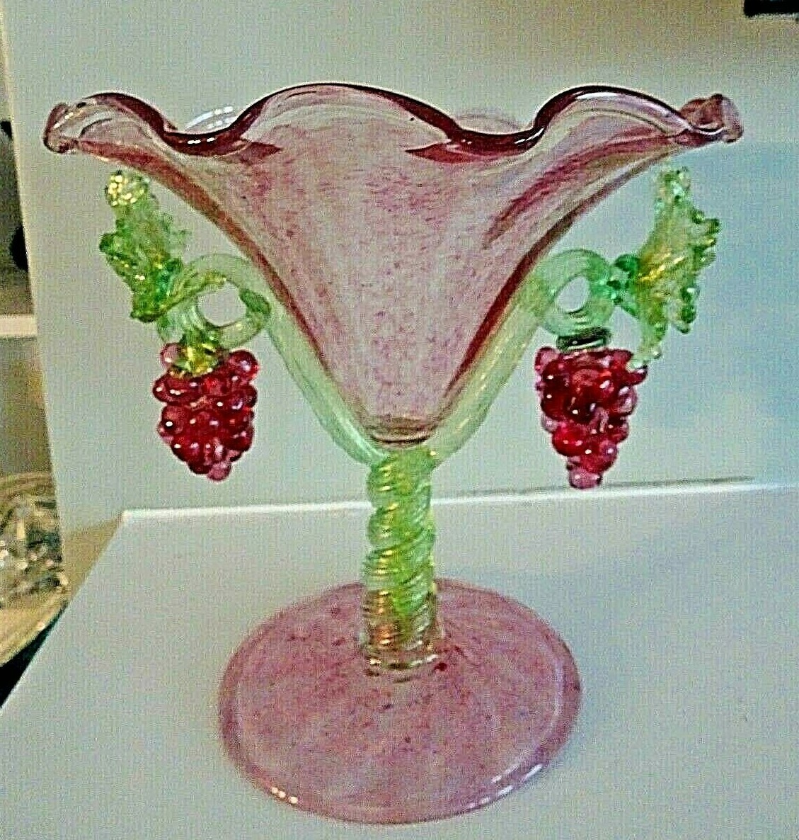 1930's SALVIATI MURANO ART GLASS Plum / Purple GRAPE Compote Footed Bowl 7.35"