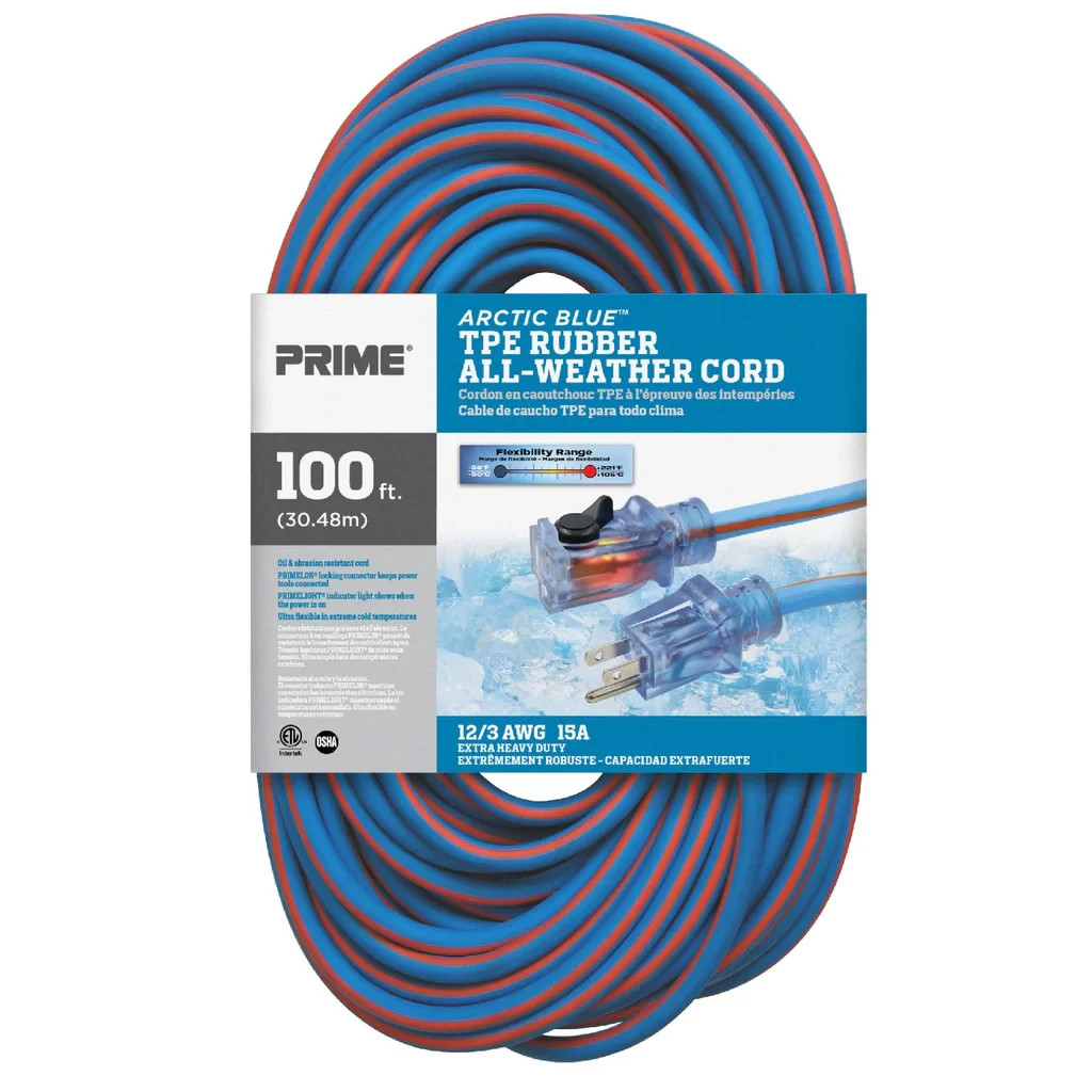 Extension Cord 100FT Prime All-Weather 12/3 Lighted Ends Flexible Cold LT530835