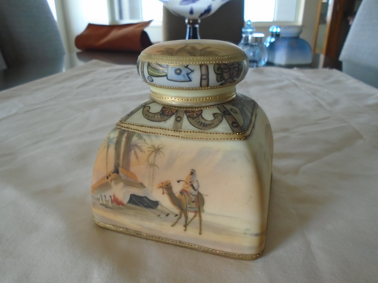 Nippon Large Egyptian Revival Style Inkwell Man on Camel with Insert.