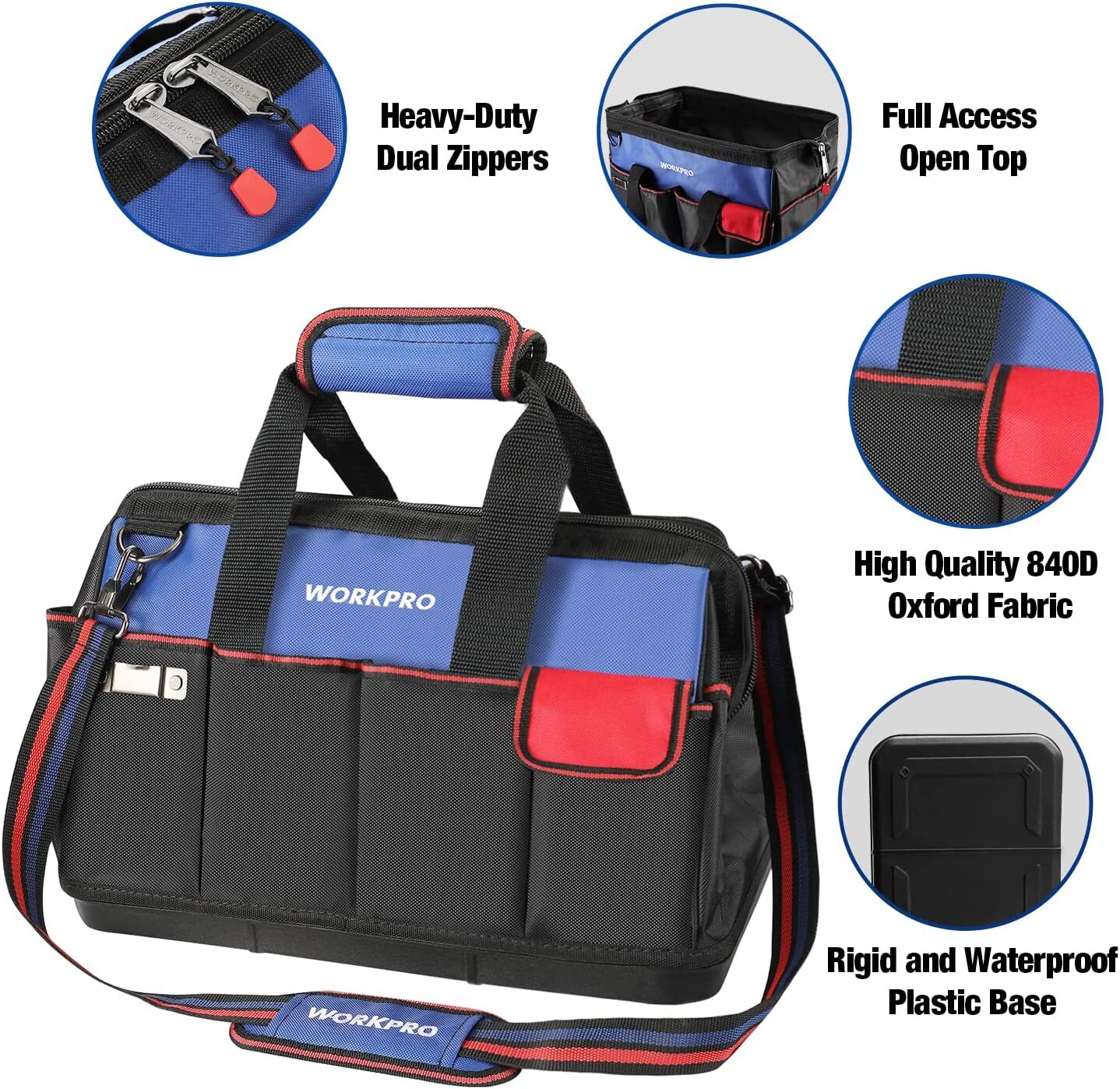 WORKPRO 18"Tool Bag Tool Tote Waterproof with Base and Adjustable Shoulder Strap