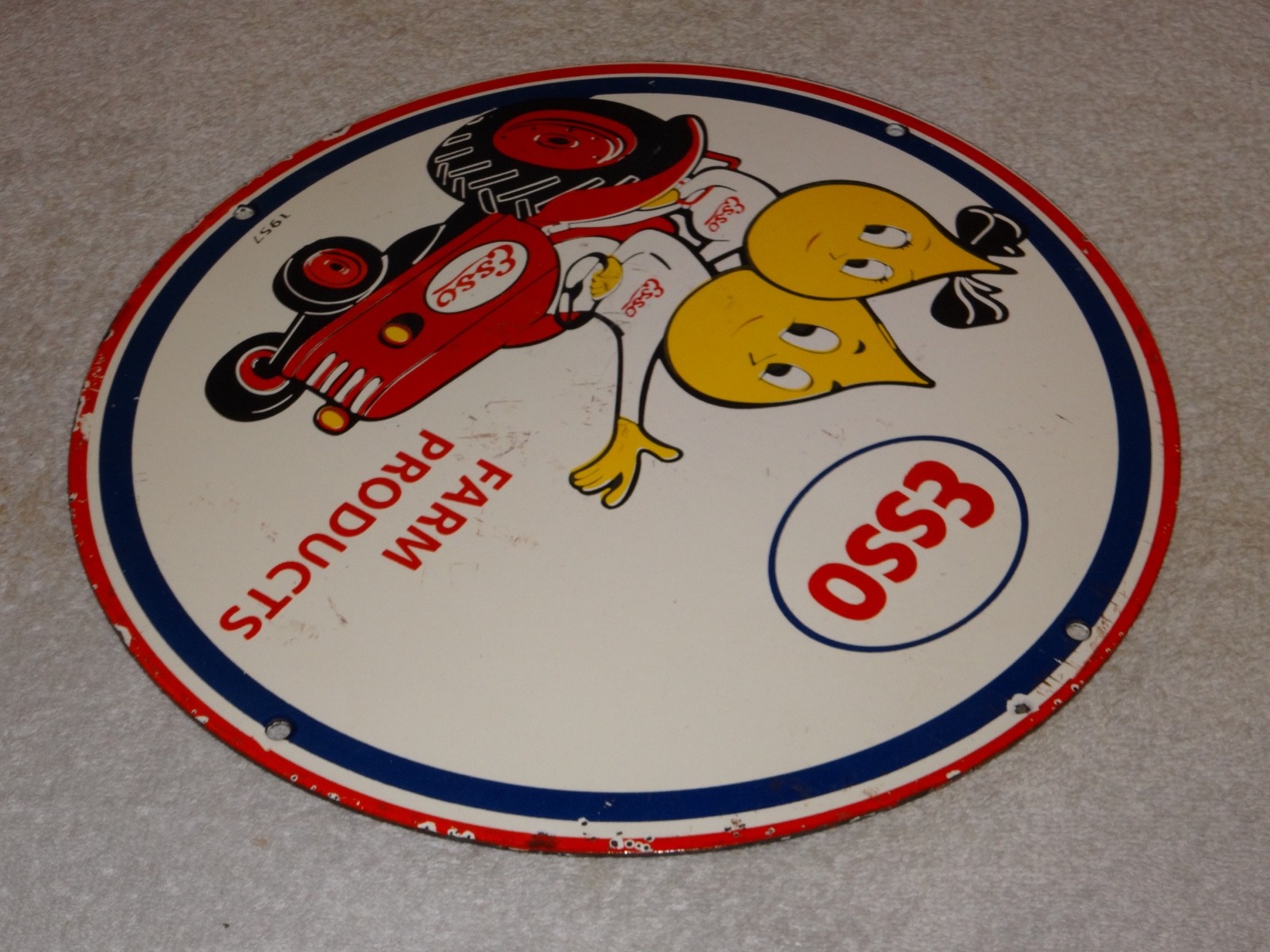 VINTAGE 1957 ESSO FARM OIL DROP BOY GIRL 11 3/4" PORCELAIN TRACTOR GASOLINE SIGN